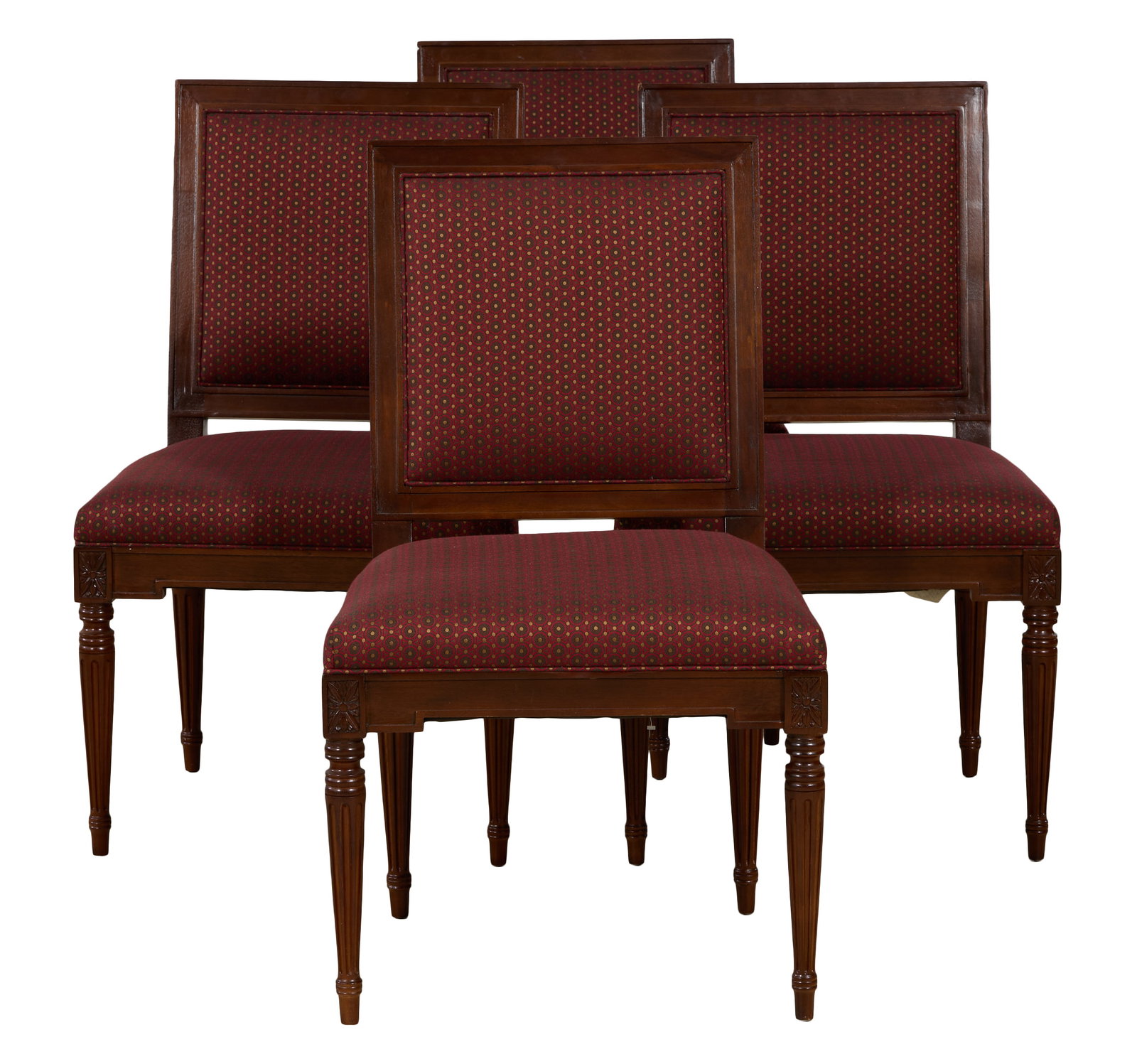 Set of Four Louis XVI Style Upholstered Side Chairs, late 20th c., Each- H.- 37 1/2 in., W.- 22 1/4: Set of Four Louis XVI Style Upholstered Side Chairs, late 20th c., the canted molded square backs over trapezoidal seat, keyed apron joining rosette blocks over spool turned fluted tapered legs, toupi