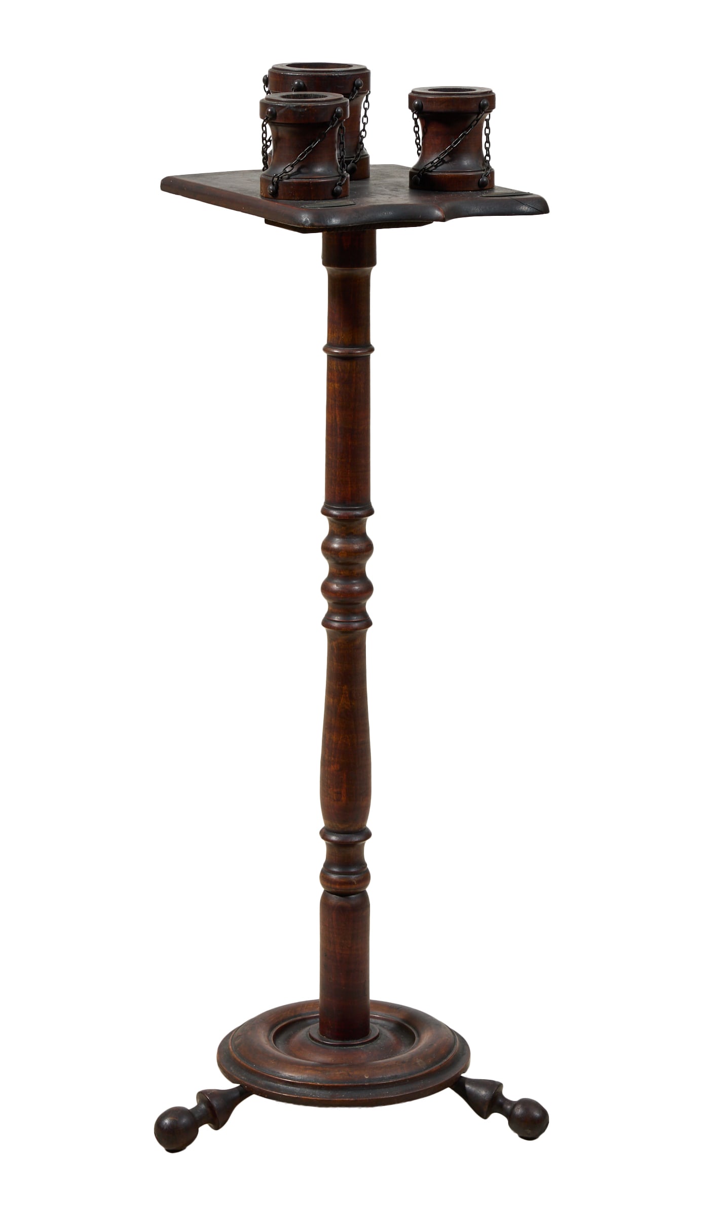 English Walnut Smoking Stand, late 19th c., H.- 33 3/4 in., W.- 13 in., D.- 12 in.: English Walnut Smoking Stand, late 19th c., with removable chain mounted treen accessories, two metal match strikes, turned standard, bellied rondelle base, spool turned legs, H.- 33 3/4 in., W.- 13 i
