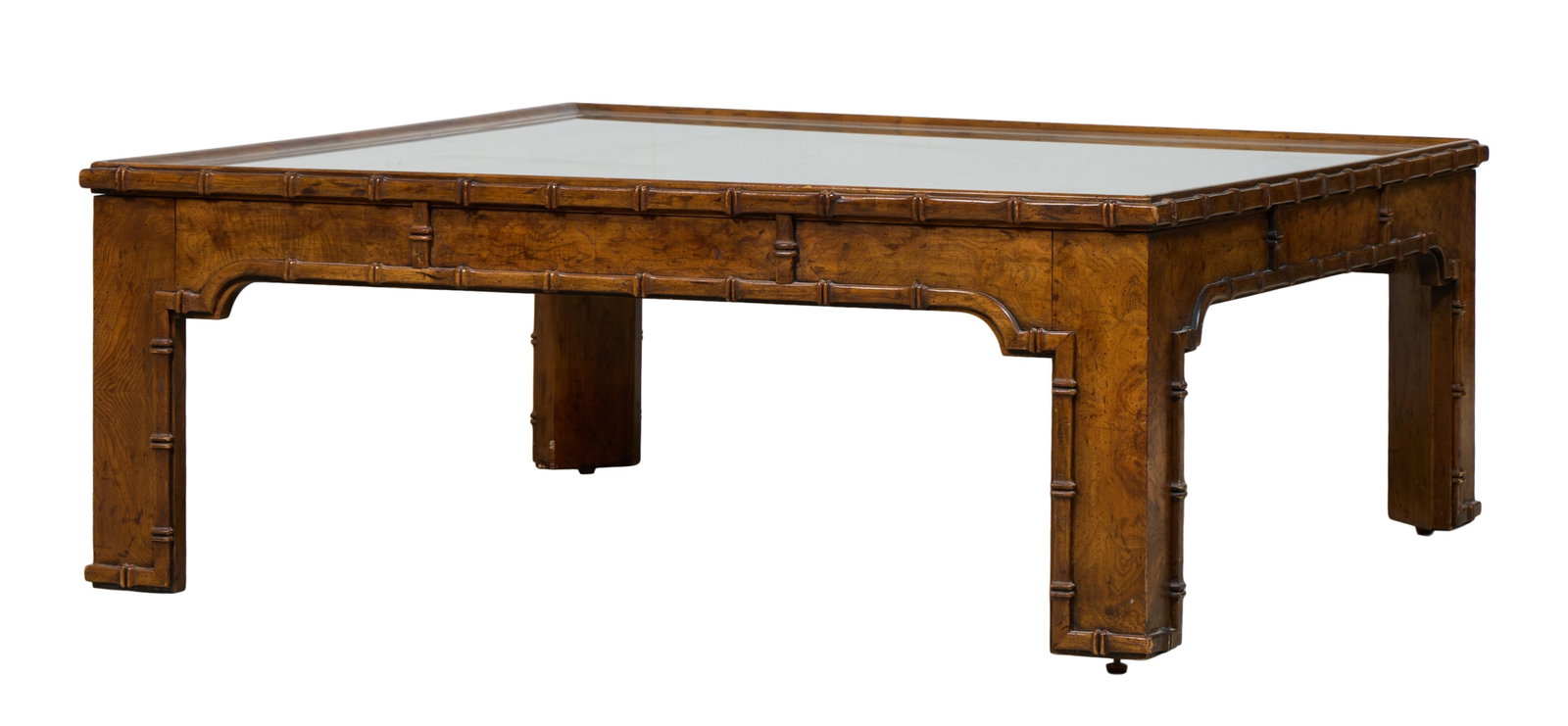 Vintage Faux Bamboo Burlwood Coffee Table, mid/late 20th c., H.- 16 in., W.- 42 1/4 in., D.- 42 1/4 (1 of 1)