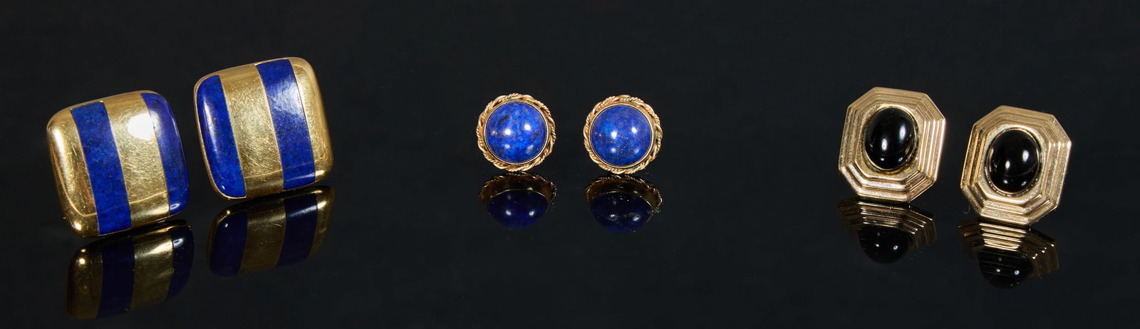 Three Pairs of Gold and Stone Stud Earrings, App. Total Wt.- 17.9 grams; Largest- H.- 20 mm, W.- 20: Three Pairs of Gold and Stone Stud Earrings, consisting of a 18K yellow gold square form pair mounted with lapis lazuli, on posts with omega backs; a 14K yellow gold pair mounted with 10 mm round cabo