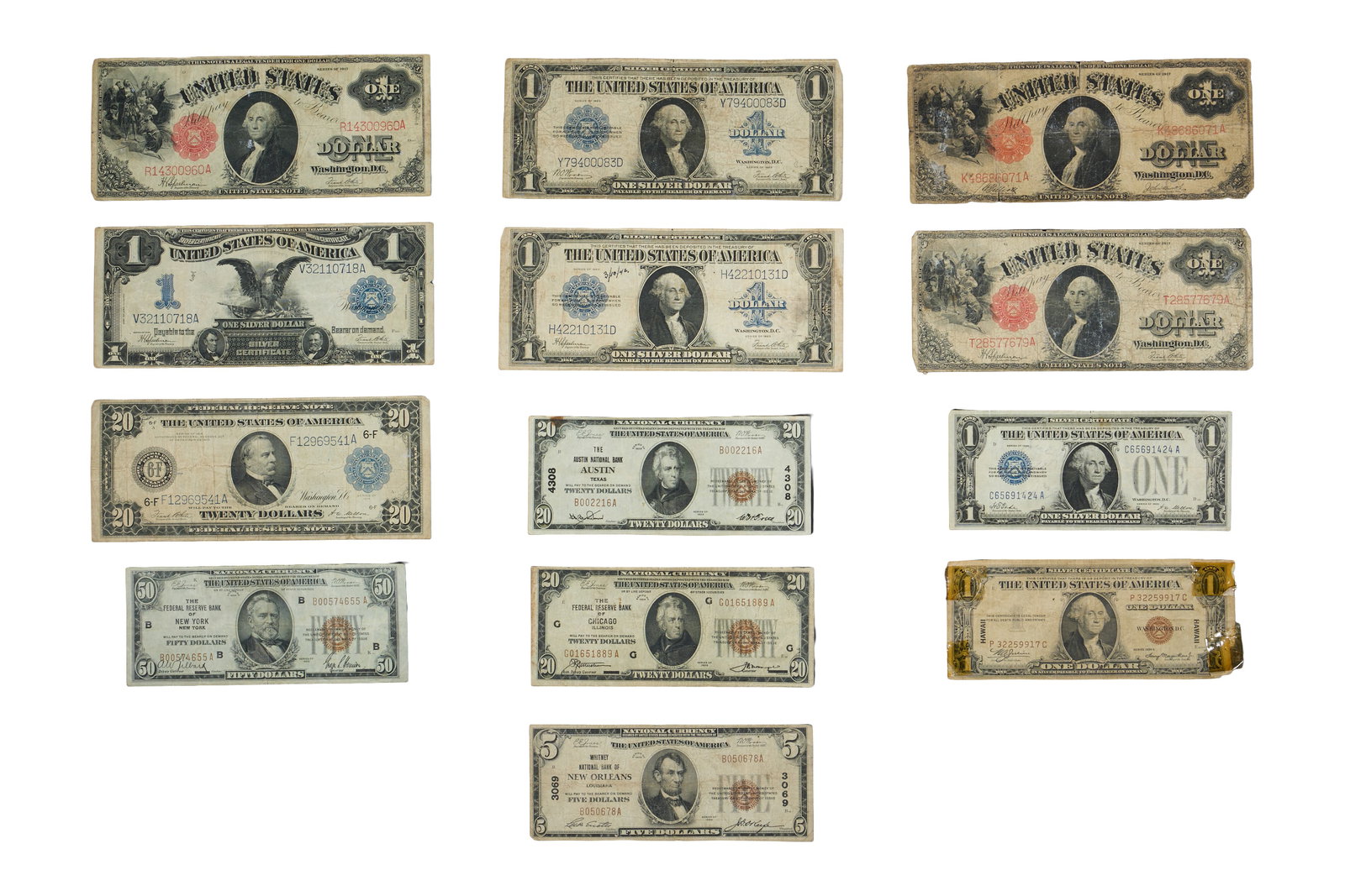 Thirteen Antique United States Treasury Notes, 19th/20th c., 1899- H.- 3 1/8 in., W.- 7 3/8 in.; (1 of 2)