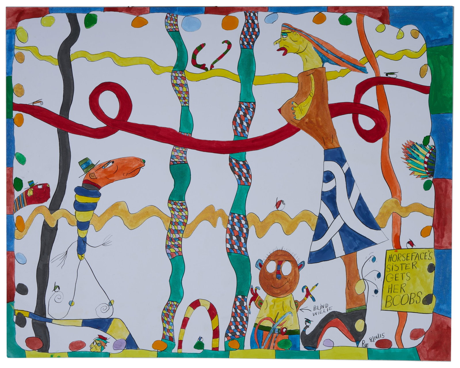 Bob Rue (American/Louisiana, b. 1947), "Horseface's Sister Gets Her Boobs," 2015, H.- 19 in., W.- 24: Bob Rue (American/Louisiana, b. 1947), "Horseface's Sister Gets Her Boobs," 2015, marker on paper, signed and dated lower right, titled in work and en verso, unframed, H.- 19 in., W.- 24 in.