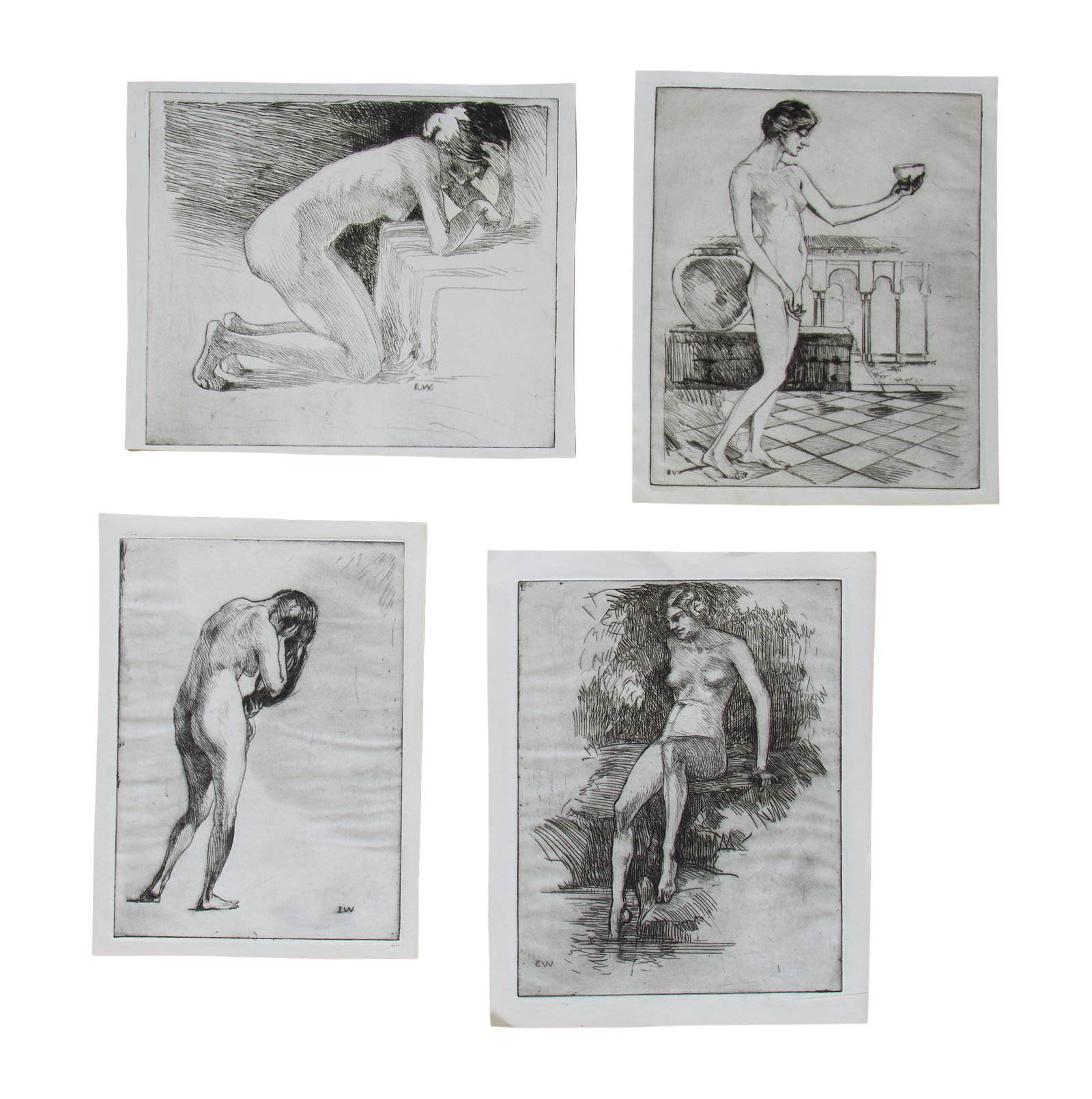Ellsworth Woodward (American/New Orleans, 1861-1939), Four Etchings on Paper, Largest- H.- 11 3/8: Ellsworth Woodward (American/New Orleans, 1861-1939), Four Etchings on Paper, consisting of various nude portraits, each monogrammed lower left or right in print, each unframed, Largest- H.- 11 3/8 in