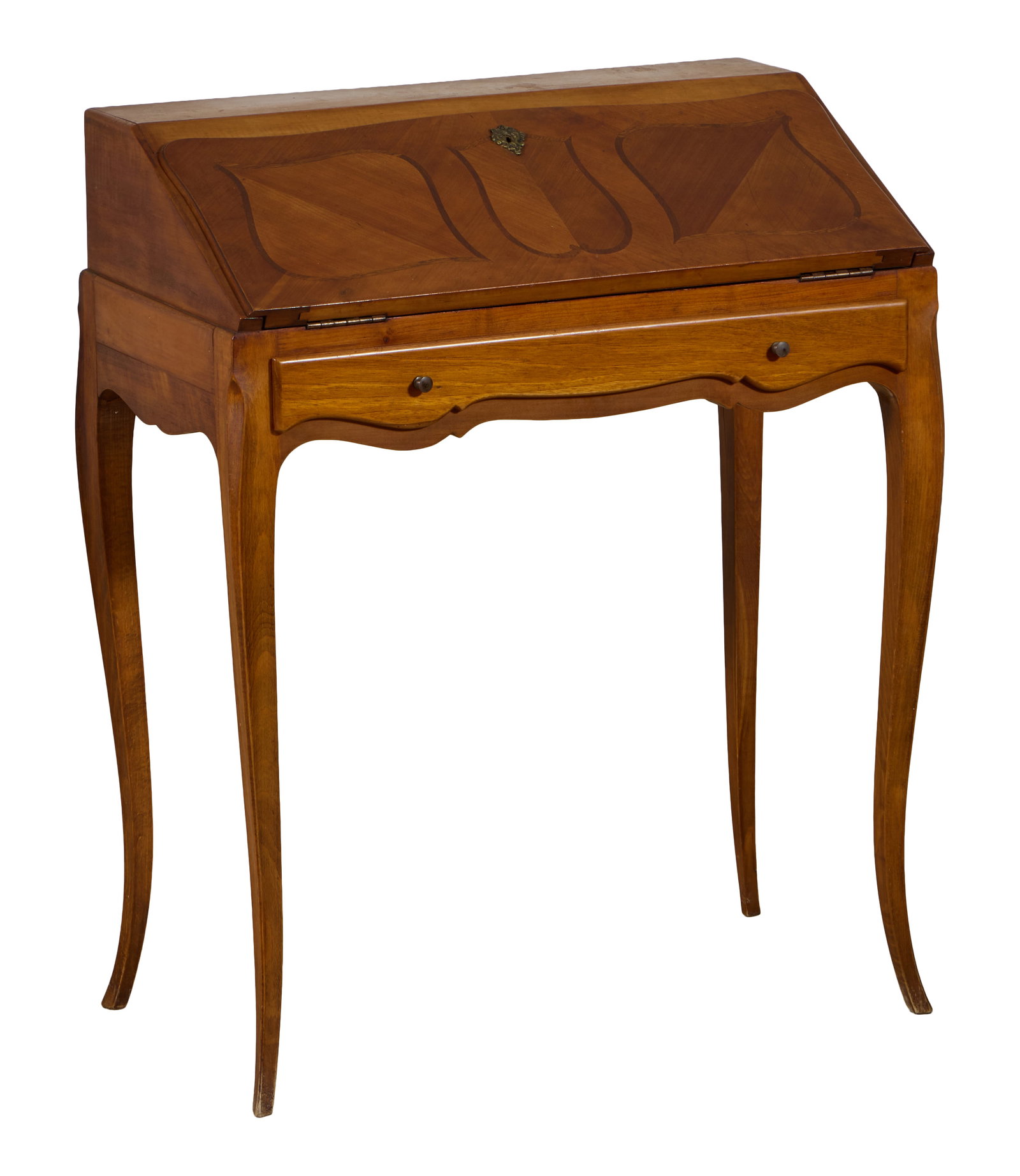 French Louis XV Style Inlaid Cherry Fall Front Desk, mid 20th c., H.- 32 1/2 in., W.- 26 5/8 in., (1 of 2)