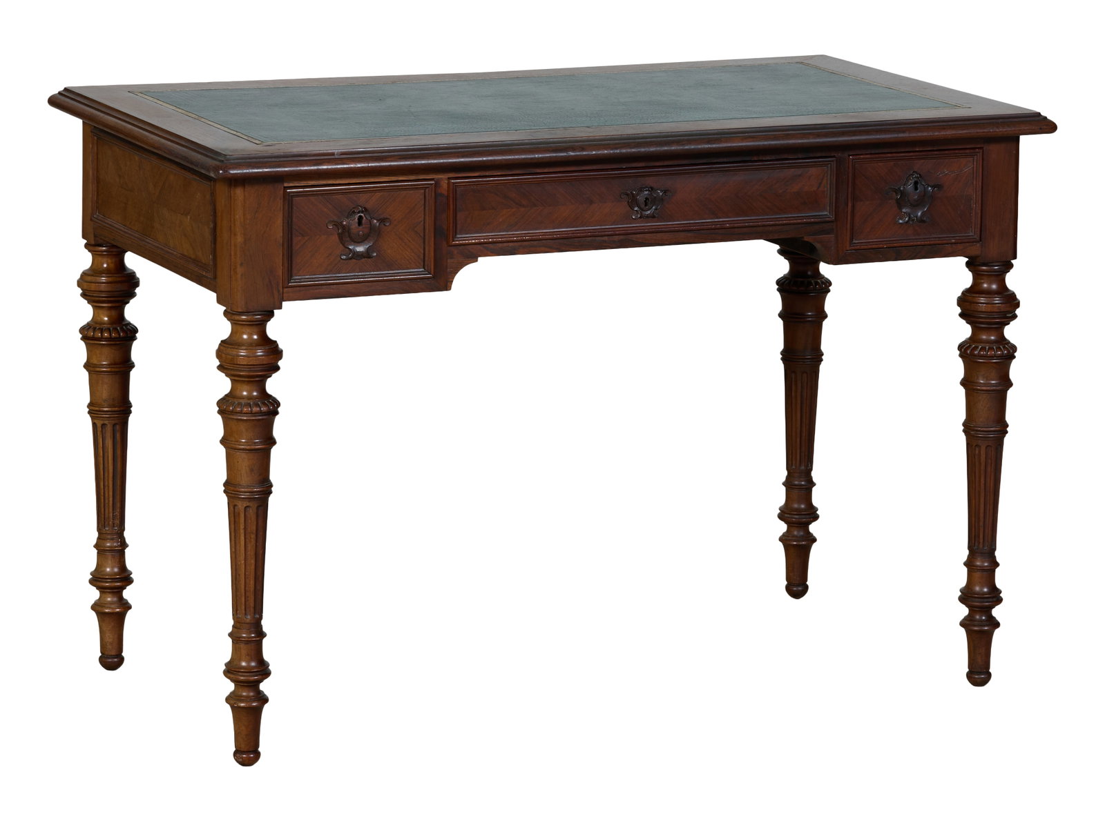 French Lous XVI Style Leather Top Walnut Writing Desk, late 19th c., H.- 28 1/4 in., W.- 42 7/8 in., (1 of 3)