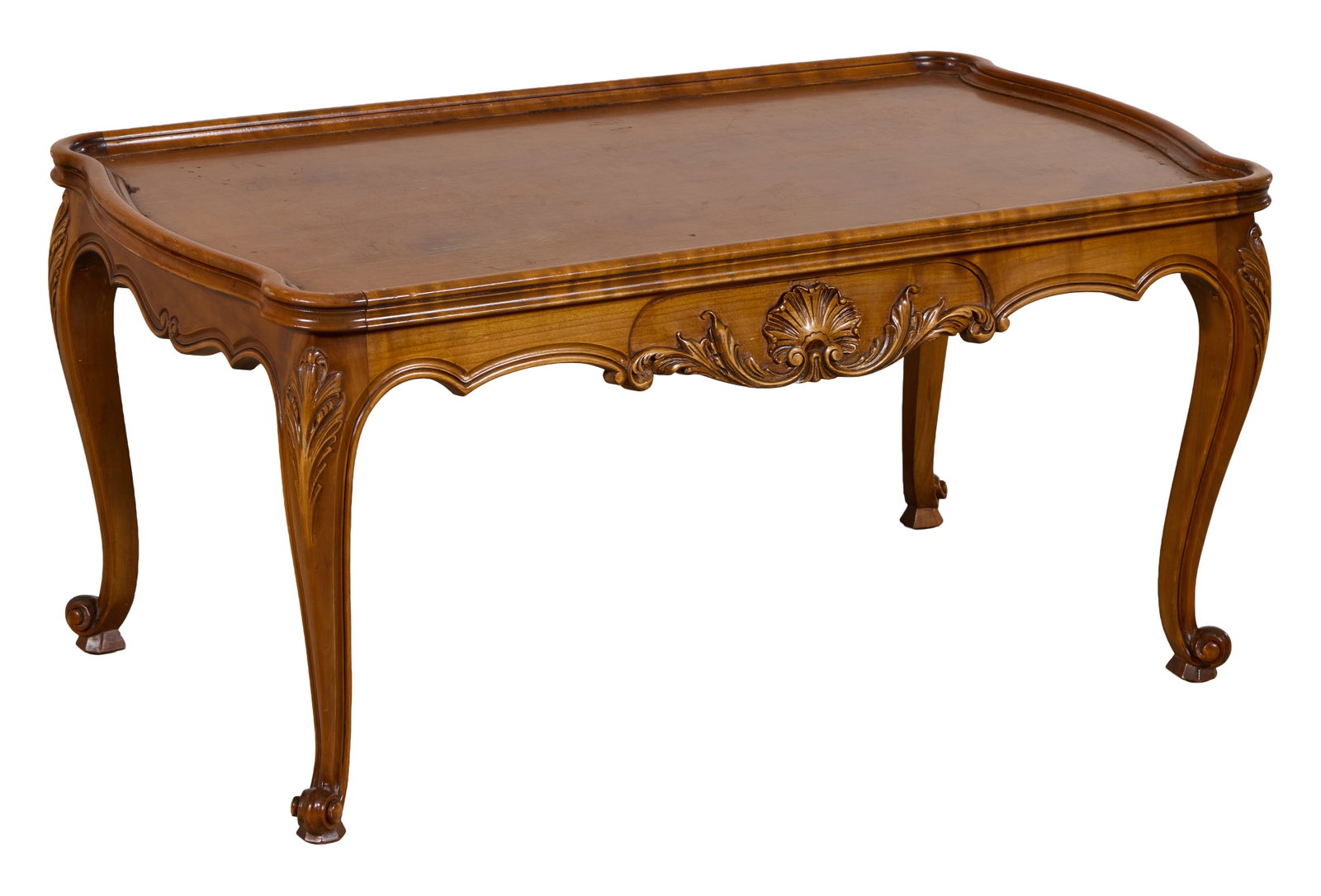 French Louis XV Inspired Carved Cherry Low Table, late 20th c., H.- 19 in., W.- 40 1/4 in., D.- 22: French Louis XV Inspired Carved Cherry Low Table, late 20th c., the moulded galleried top over shell and acanthus carved apron joining raised scrolled cabriole legs, H.- 19 in., W.- 40 1/4 in., D.- 22