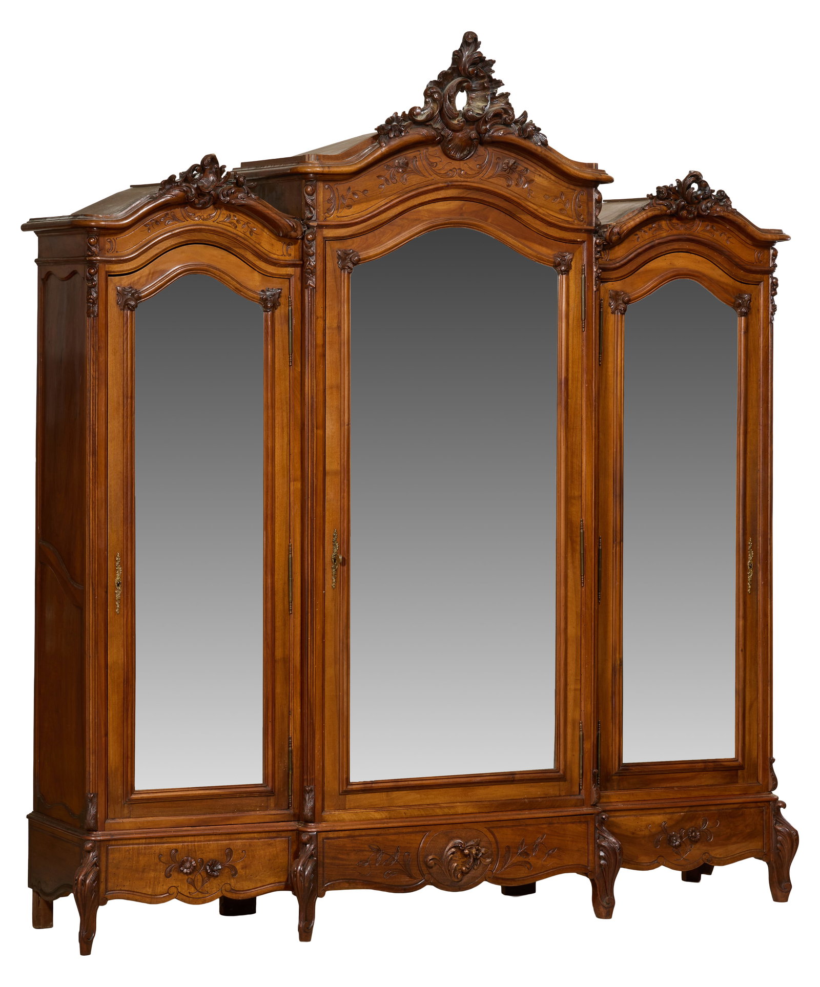French Louis XV Style Carved Walnut Triple Door Armoire, early 20th c., H.- 96 3/4 in., W.- 86 in., (1 of 2)