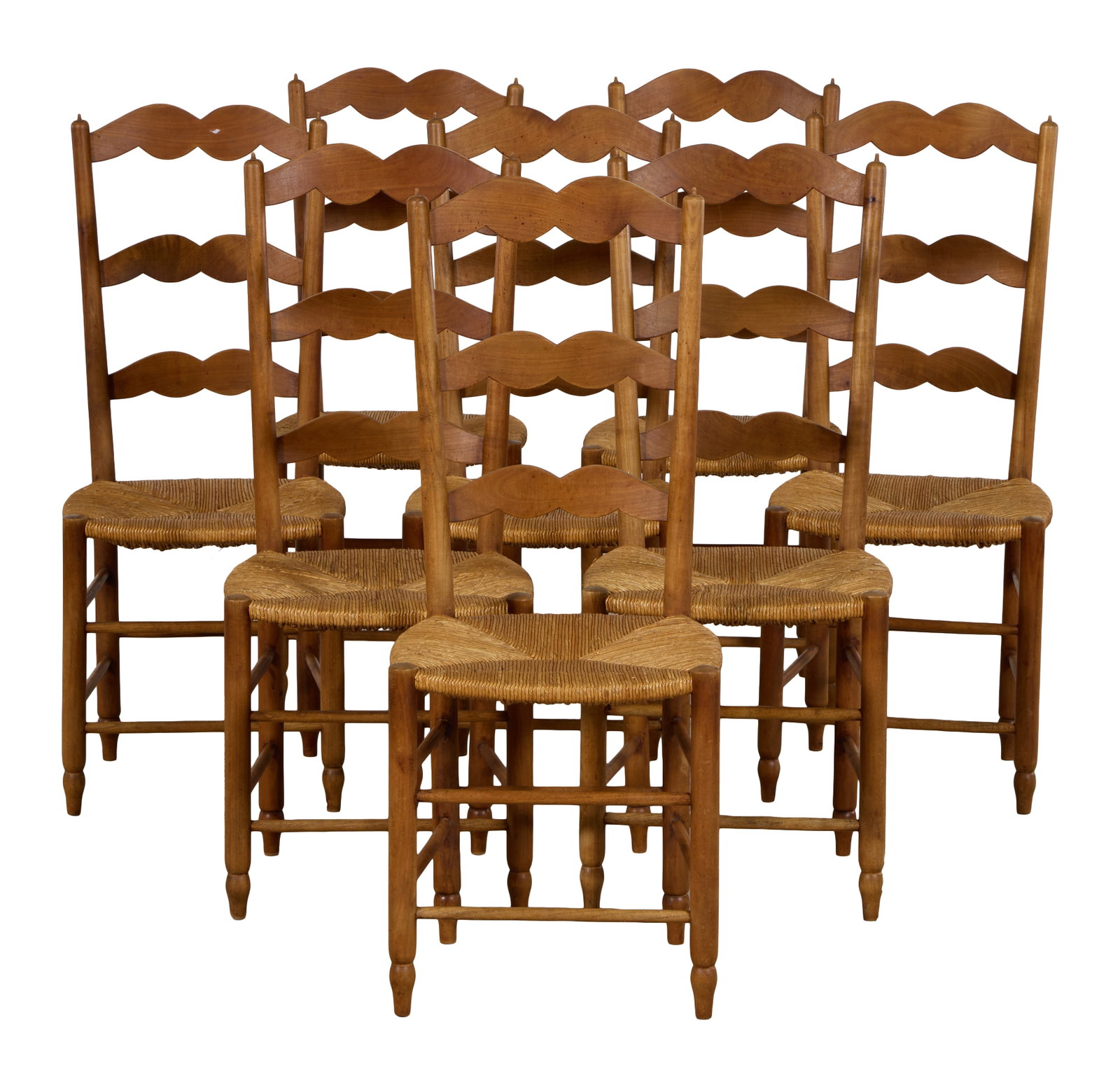 Set of Eight French Provincial Ladder Back Chairs, mid 20th c., Each- H.- 40 3/4 in., W.- 16 3/4: Set of Eight French Provincial Ladder Back Chairs, mid 20th c., the lobbed graduated slats over rush seat, stretchered round legs with toupie feet, Each- H.- 40 3/4 in., W.- 16 3/4 in., D.- 16 in. (8 
