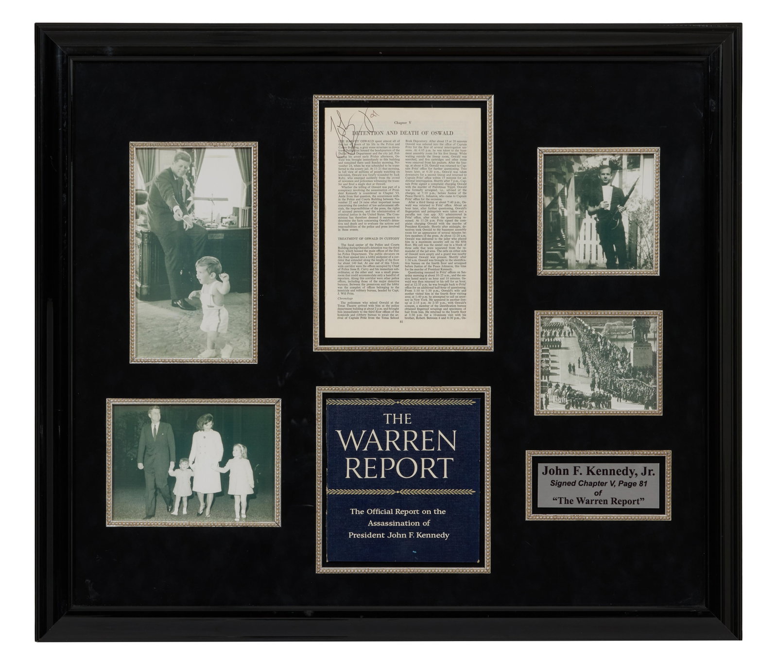 John F. Kennedy Jr. Autographed Memorabilia, Overall- H.- 26 1/2 in., W.- 30 1/8 in.: John F. Kennedy Jr. Autographed Memorabilia, featuring a hand signed copy of the Warren report (Ch.5, p. 81), together with black and white photography copies of the Kennedys, of Oswald and of the JFK