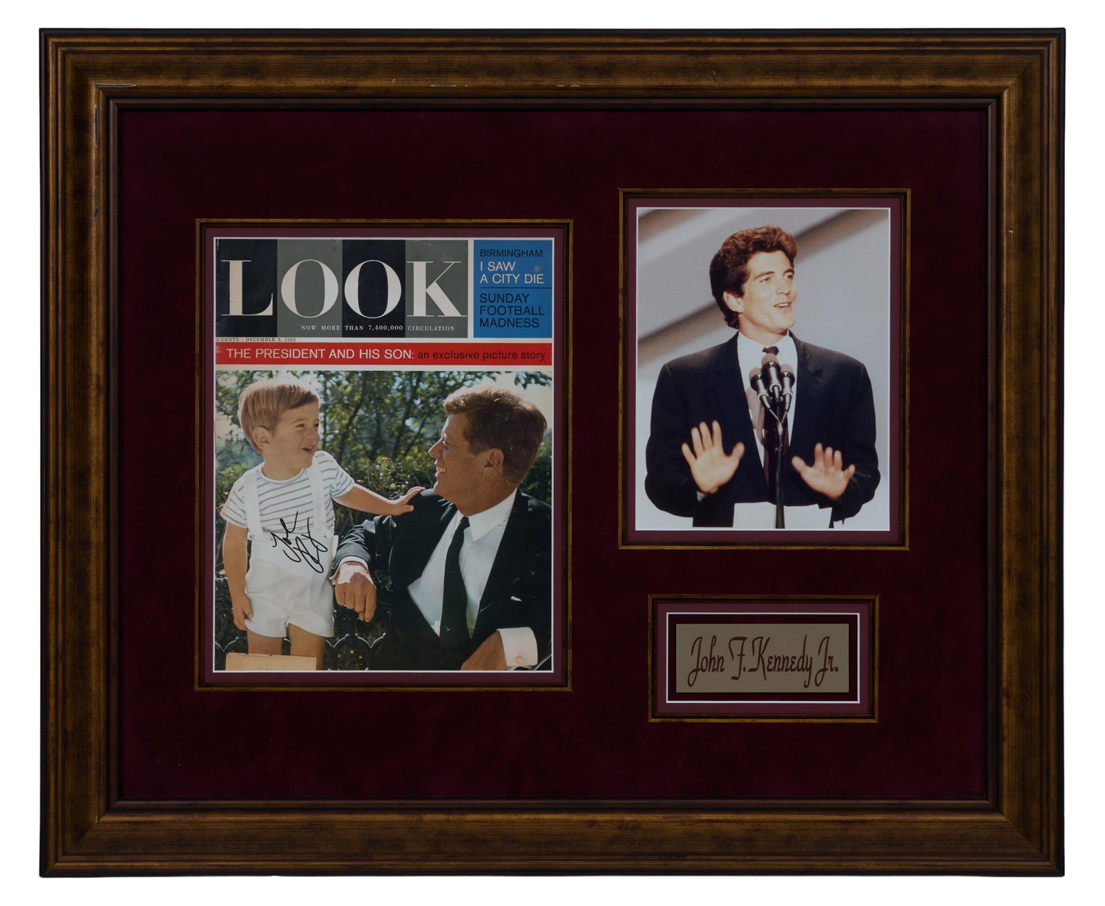 John F. Kennedy Jr. Autographed Memorabilia Overall- H.- 24 1/2 in., W.- 29 1/2 in.: John F. Kennedy Jr. Autographed Memorabilia with a later signed cover of Look Magazine, Nov. 3, 1963, featuring JFK Jr. with his father, and a color photograph from a speaking engagement, presented in