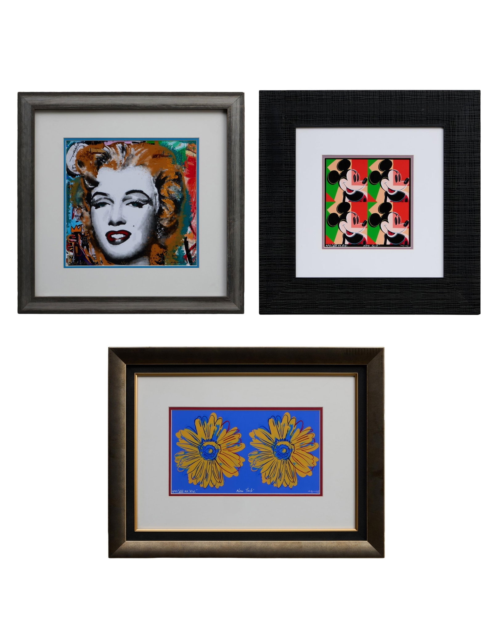After Andy Warhol (American, 1928-1987), "Marilyn Monroe, Fun Yellow Print" (after Thierry: After Andy Warhol (American, 1928-1987), "Marilyn Monroe, Fun Yellow Print" (after Thierry Guetta/Mr. Brainwash), "Quadrant Mickey," and "Daisies," 1985-1999, three color screenprints, the lower margi