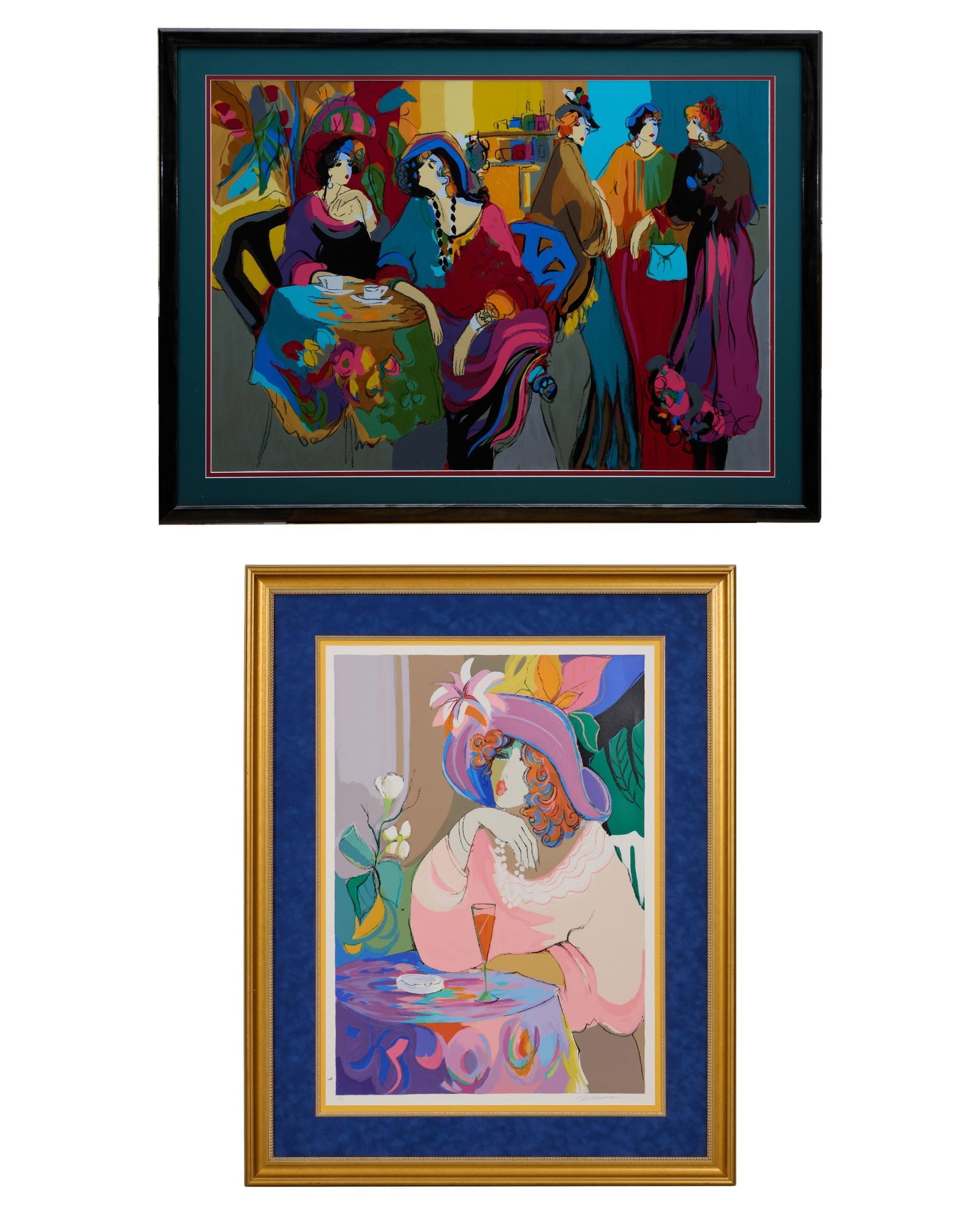 Isaac Maimon (Israeli, b. 1951), "Sunday Afternoon" and "Champagne Girl," First Sight- H.-31 1/4: Isaac Maimon (Israeli, b. 1951), "Sunday Afternoon" and "Champagne Girl," each color serigraph on Arches paper, the first not visibly signed or numbered; the second signed lower right and numbered "22