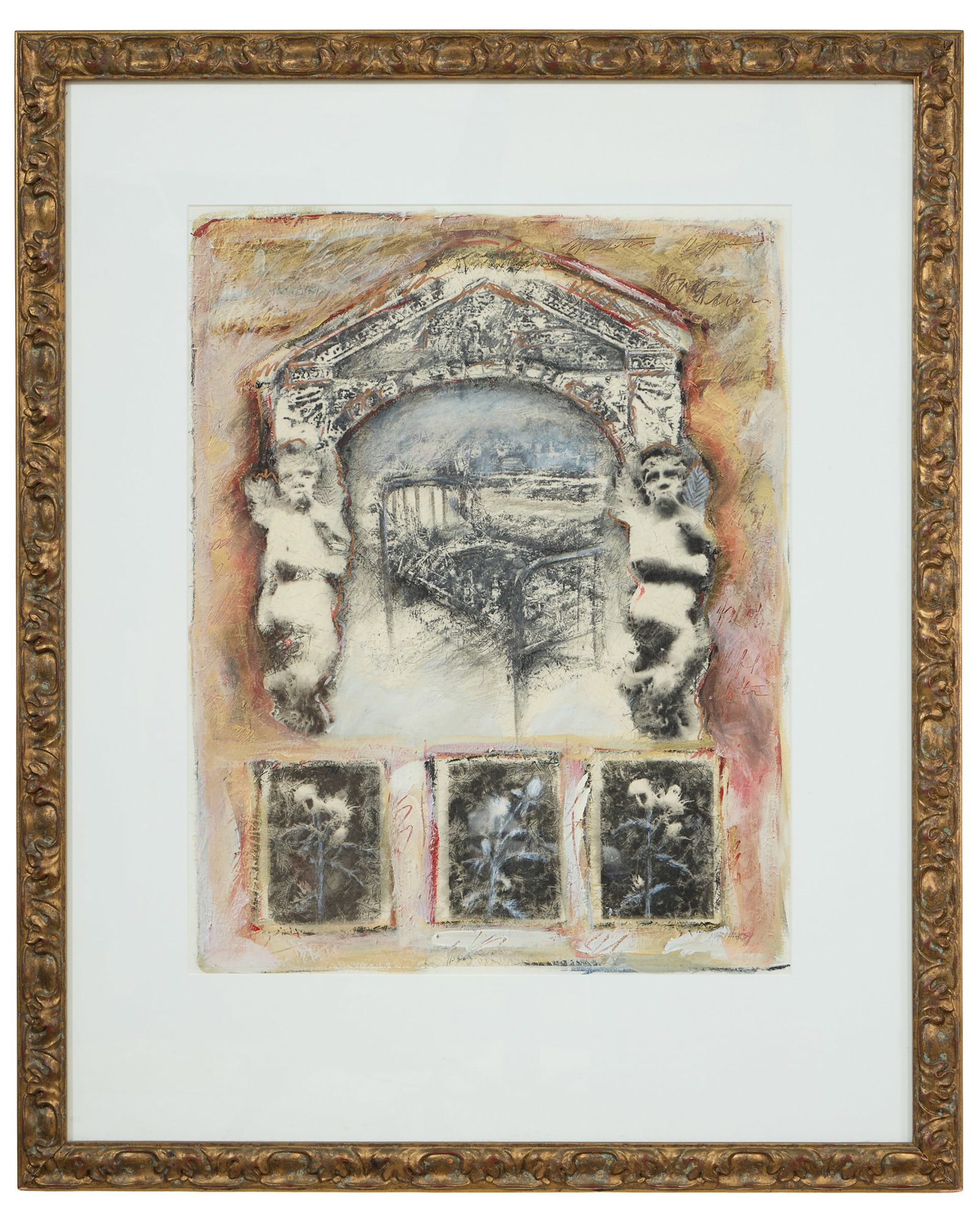 Mary Hardy (American/Alabama, b. 1957), "Better Left Unsaid,", Sight- H.- 23 1/2 in., W.- 18 1/4: Mary Hardy (American/Alabama, b. 1957), "Better Left Unsaid," mixed media on paper, signed lower right, titled on label on frame backing, presented in a giltwood frame, Sight- H.- 23 1/2 in., W.- 18 1