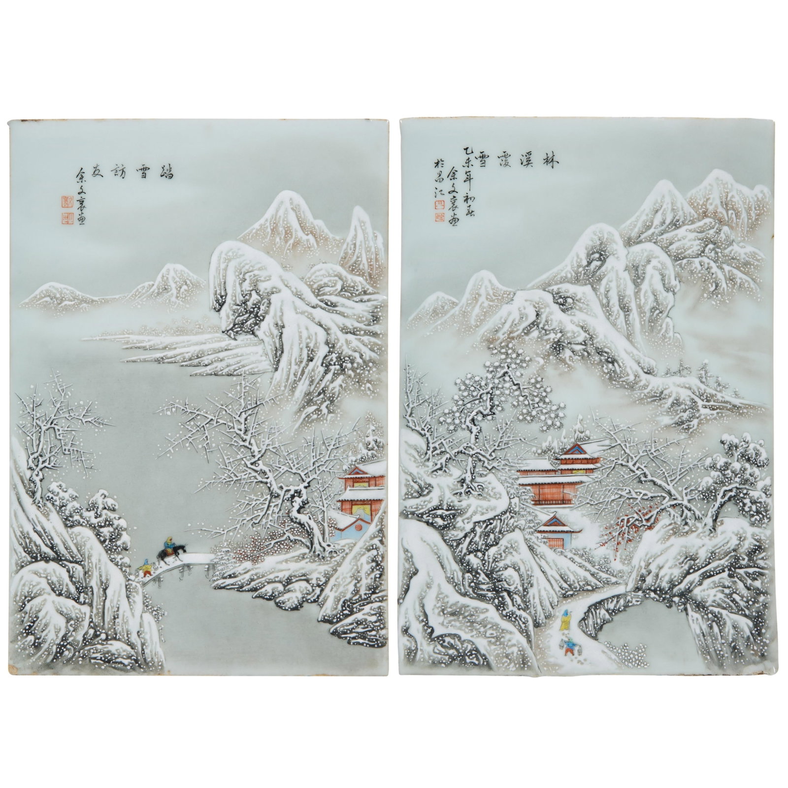 Yu Wenxiang (Chinese, 1910-1993), "Visiting a Friend in the Snow," Each- H.- 14 1/4 in., W.- 9 3/4: Yu Wenxiang (Chinese, 1910-1993), "Visiting a Friend in the Snow," pair of Famille Rose porcelain tiles, signed and stamped by artist, Each- H.- 14 1/4 in., W.- 9 3/4 in., D.- 3/8 in. (2 Pcs.)