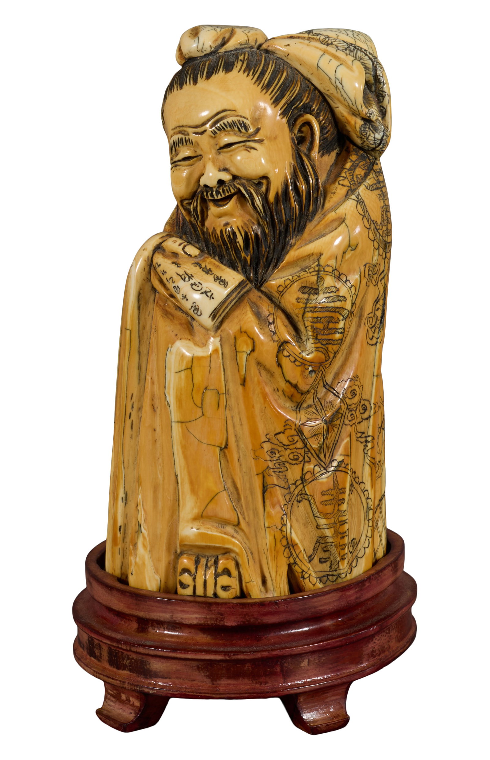 Chinese Carved Sage, 20th c., Figure- H.- 5 1/2 in., W.- 3 in., D.- 2 1/2 in. (2 Pcs.) (1 of 4)