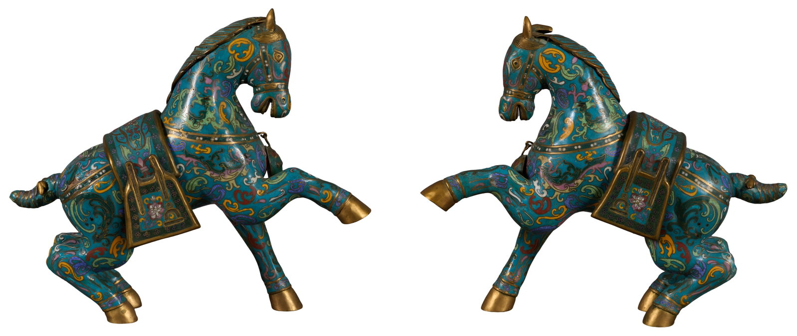 Pair of Chinese Cloisonne Prancing Horses, 19th c., Each- H.- 10 in., W.- 11 in., D.- 4 in. (2 Pcs.): Pair of Chinese Cloisonne Prancing Horses, 19th c., polychromed enamel accented with gilt bronze detailing, removable saddle and mane, Each- H.- 10 in., W.- 11 in., D.- 4 in. (2 Pcs.)