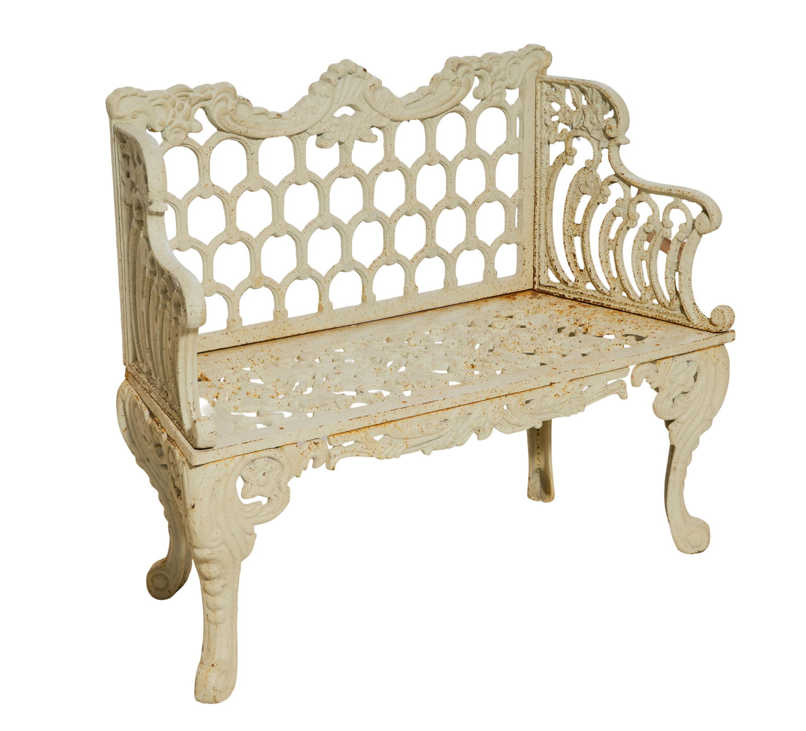 Rococo Cast Iron Polychromed Garden Bench, 20th c., H.- 34 in., W.- 42 in., D.- 17 in. (1 of 2)