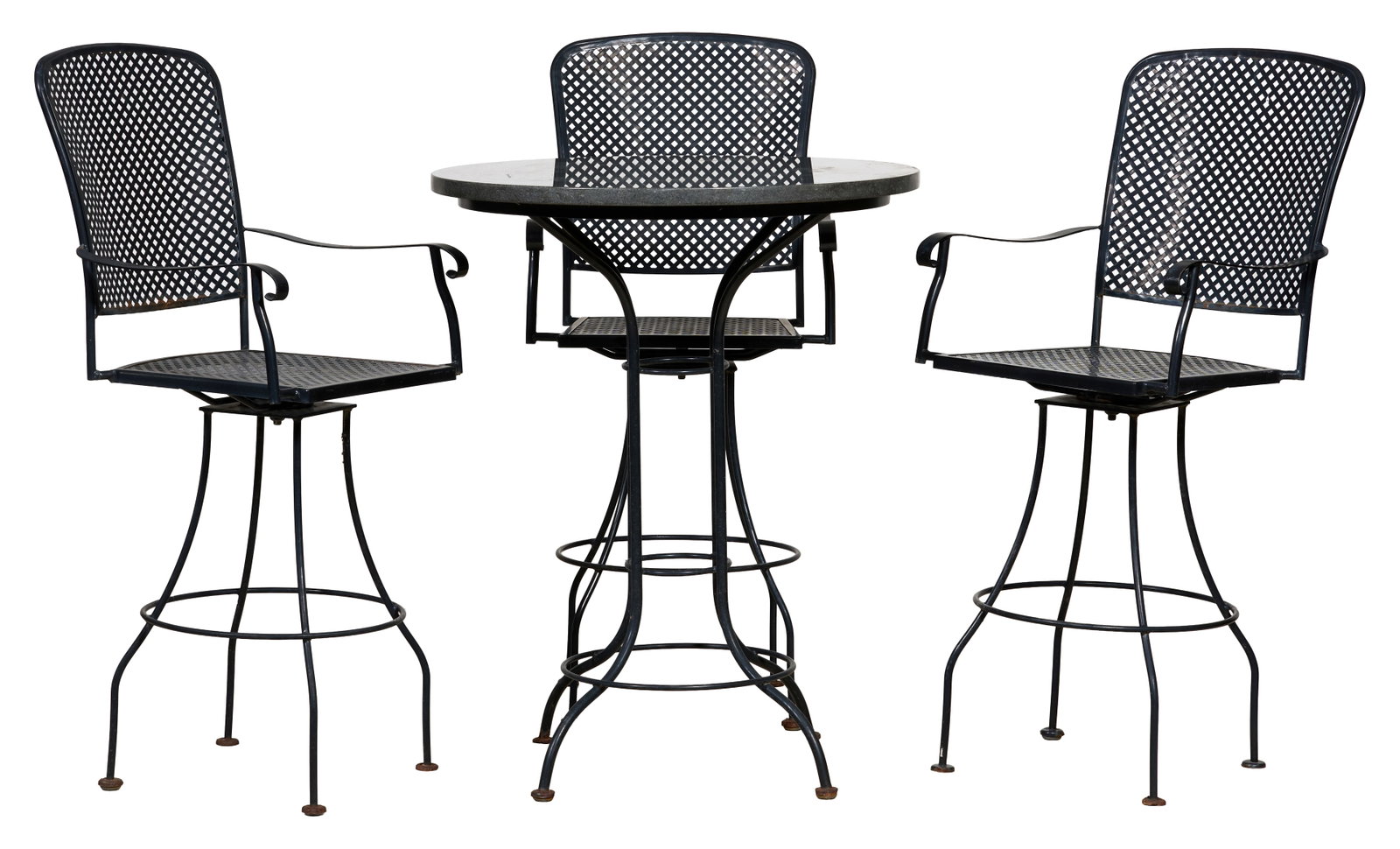 Four Piece Contemporary Metal and Stone High-Top Patio Set, late 20th c., Table- H.- 42 5/8 in., (1 of 5)
