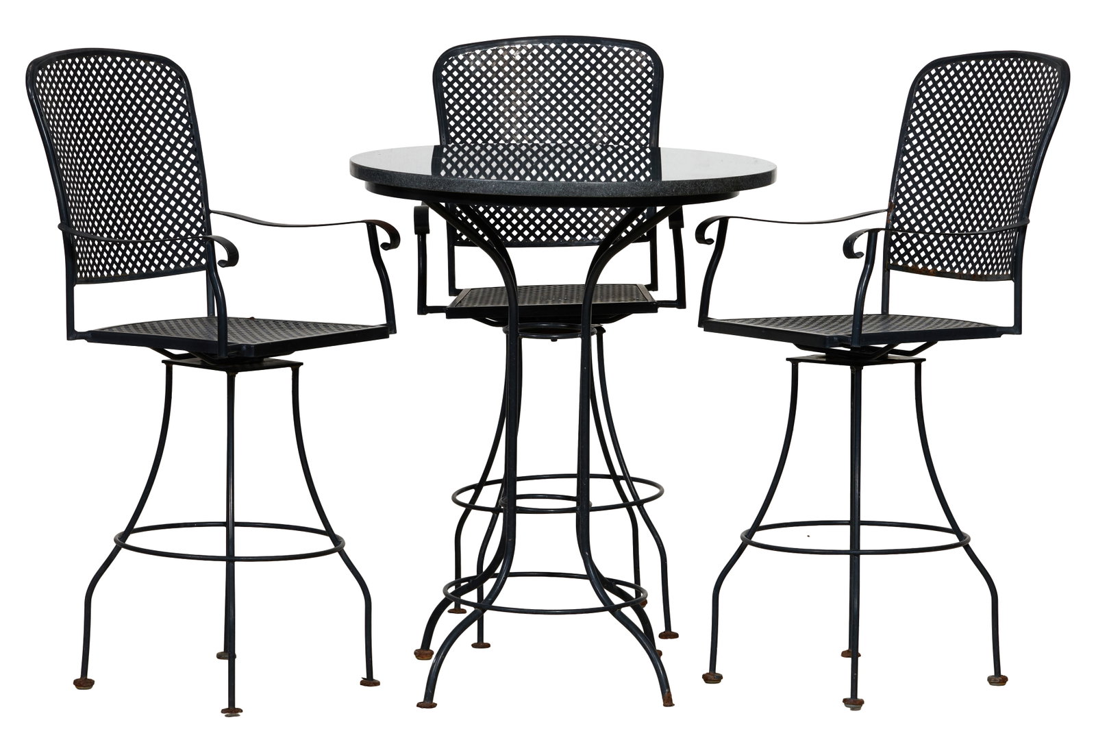 Four Piece Contemporary Metal and Stone High-Top Patio Set, late 20th c., Table- H.- 42 5/8 in., (1 of 5)