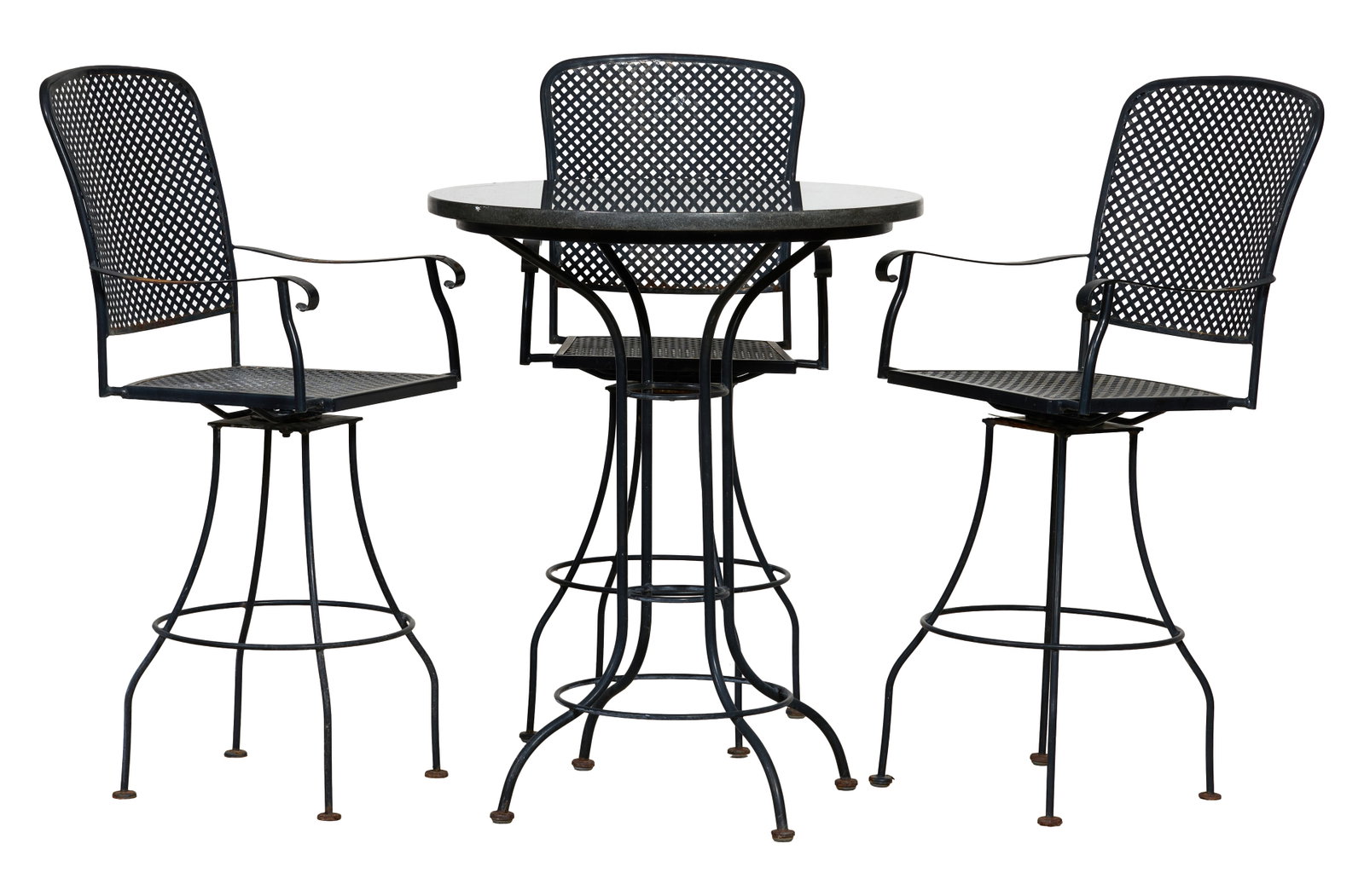 Four Piece Contemporary Metal and Stone High-Top Patio Set, late 20th c., Table- H.- 42 5/8 in.,: Four Piece Contemporary Metal and Stone High-Top Patio Set, late 20th c., including a bar height stone top table and three swivel arm chairs, all with footrest stretchers, Table- H.- 42 5/8 in., Dia.-