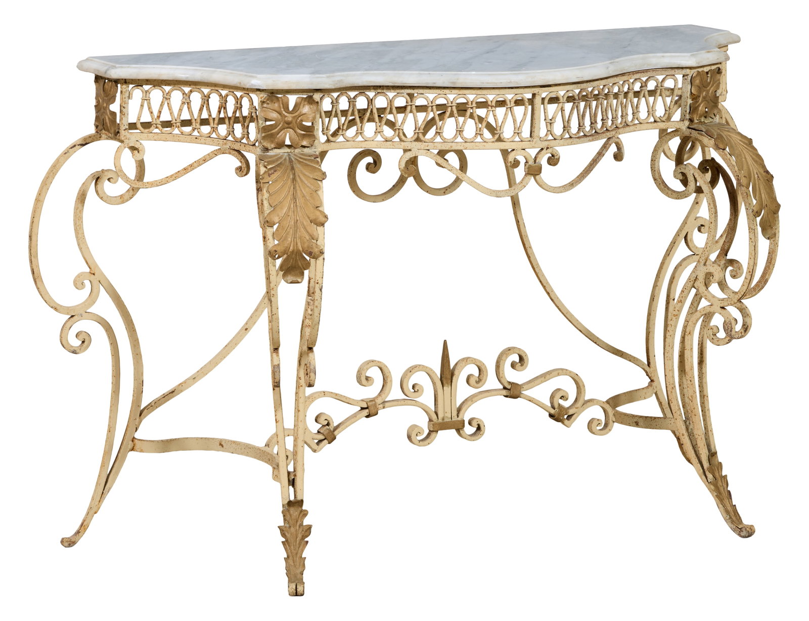 French Art Nouveau Inspired Marble Top Iron Console, late 20th c., H.- 32 1/4 in., W.- 56 1/2 in., (1 of 3)