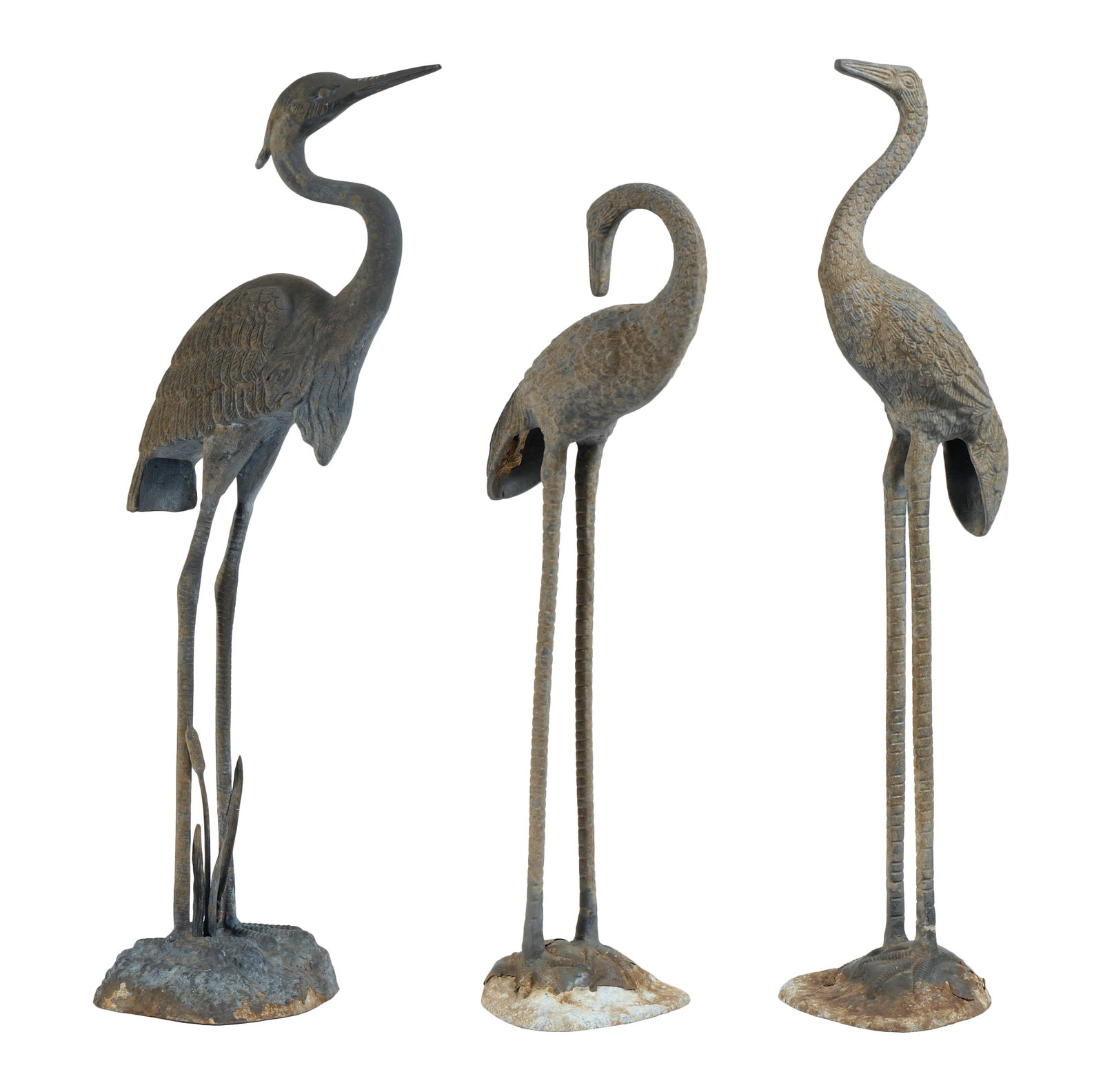 Three Metal Garden Figures of Cranes, 20th c., Tallest- H.- 35 in., W.- 9 in., D.- 13 1/2 in. (3 (1 of 1)