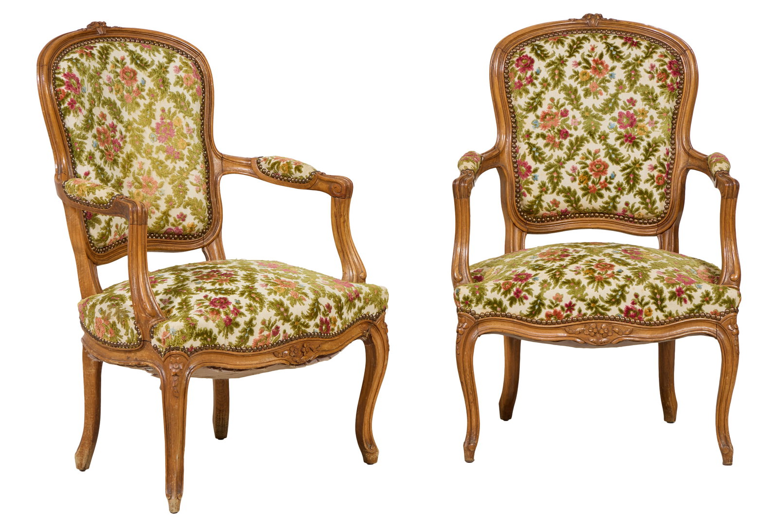 Pair of French Louis XV Style Fauteuils, mid 20th c., Each- H.- 33 1/2 in., W.- 23 in., D.- 21 in. (1 of 1)