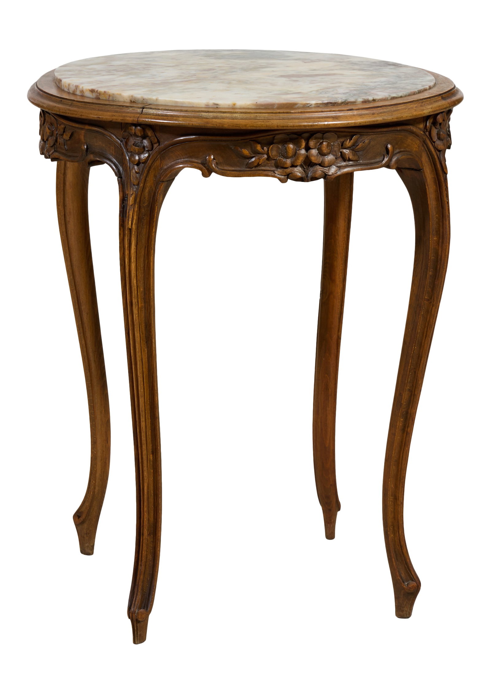 French Louis XV Style Marble Top Side Table, mid 20th c., H.- 28 5/8 in., Dia.- 24 in. (1 of 3)