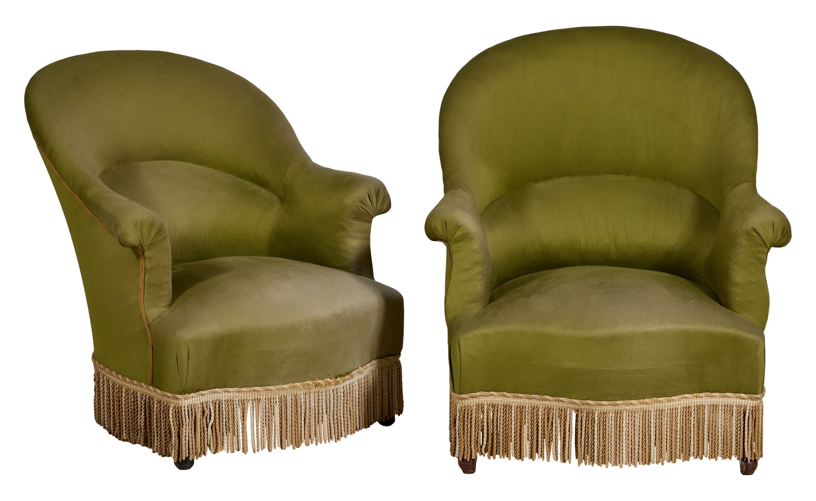 Pair of French Napoleon III Bergeres, late 19th c., Each- H.- 34 3/4 in., W.- 26 1/2 in., D.- 25 1/2: Pair of French Napoleon III Bergeres, late 19th c., the arched backs into scrolled arms, serpentine seat, bullion fringe, Each- H.- 34 3/4 in., W.- 26 1/2 in., D.- 25 1/2 in. (2 Pcs.)