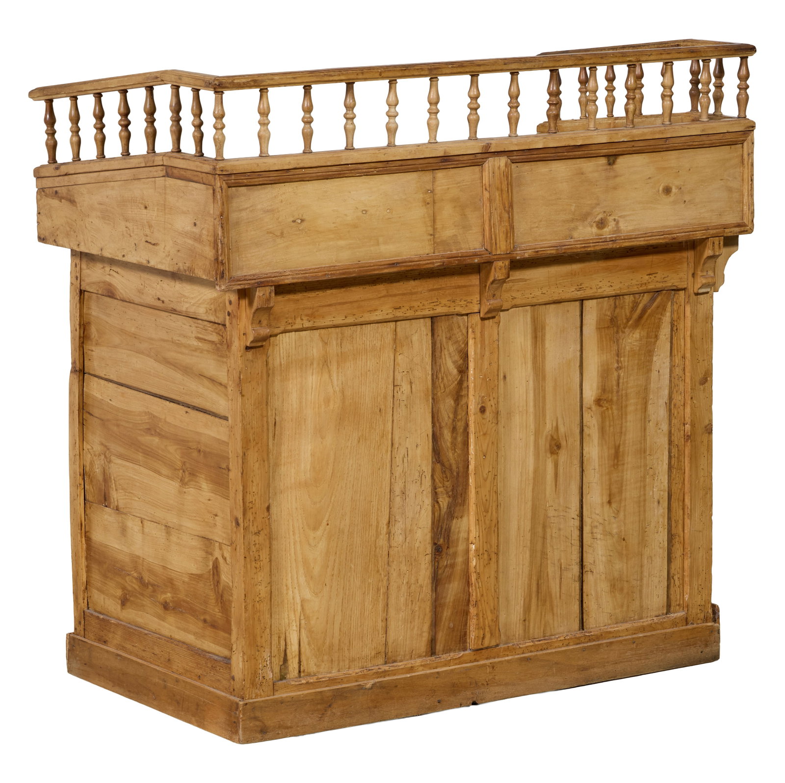 Rustic French Provincial Pine Podium, mid 19th c., H.- 41 1/2 in., W.- 41 in., D.- 23 1/2 in.: Rustic French Provincial Pine Podium, mid 19th c., the baluster galleried sloped top with lifting left side, flat area with drawer on right over three cubbies, plinth base, H.- 41 1/2 in., W.- 41 in.,