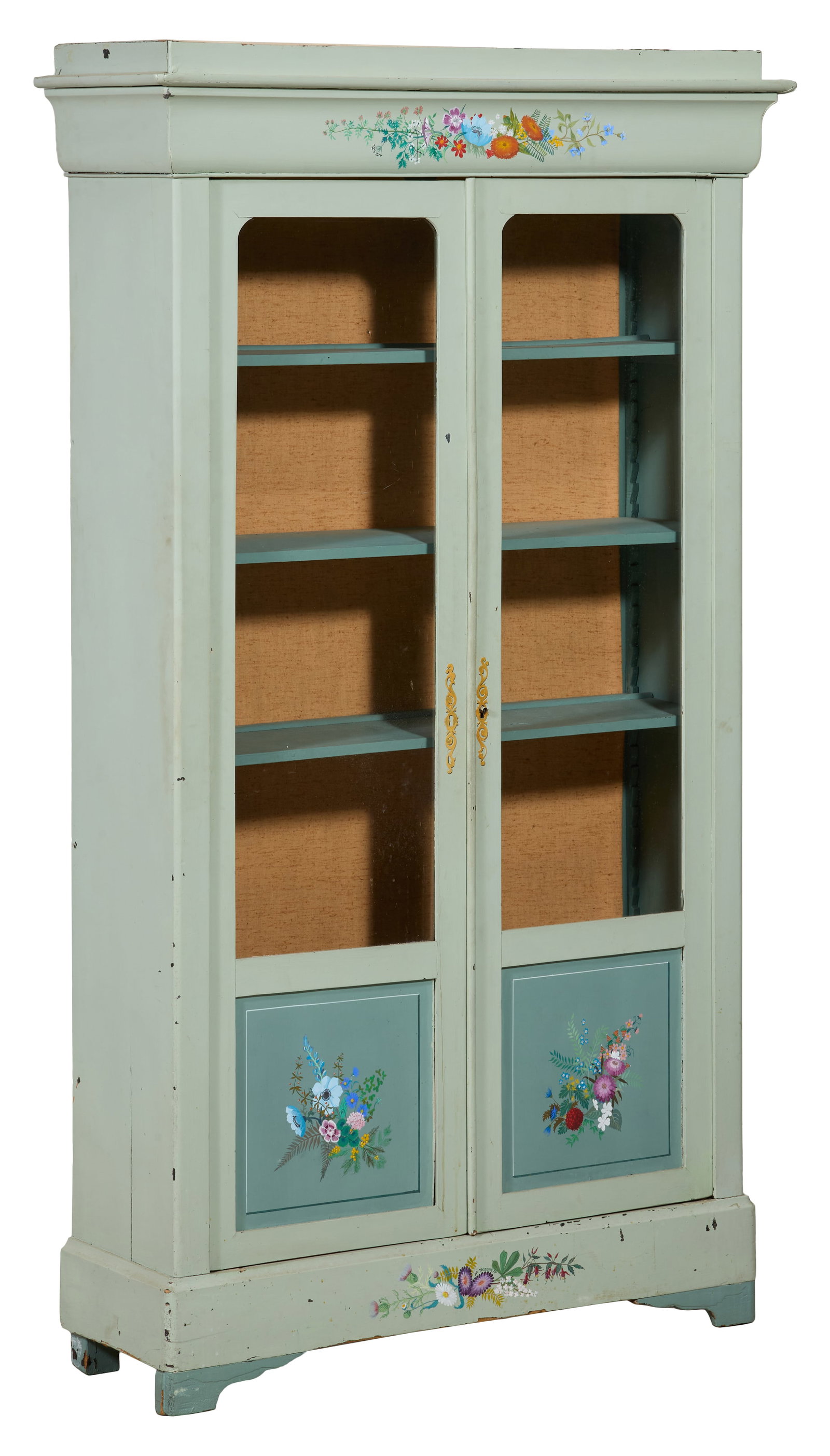 French Louis Philippe Style Polychromed Bibliotheque, 20th c., H.- 73 in., W.- 41 3/4 in., D.- 13: French Louis Philippe Style Polychromed Bibliotheque, 20th c., the restrained cornice over cyma frieze with flowers, two doors with lower floral raised panel, shelved interior, floral base over bracke