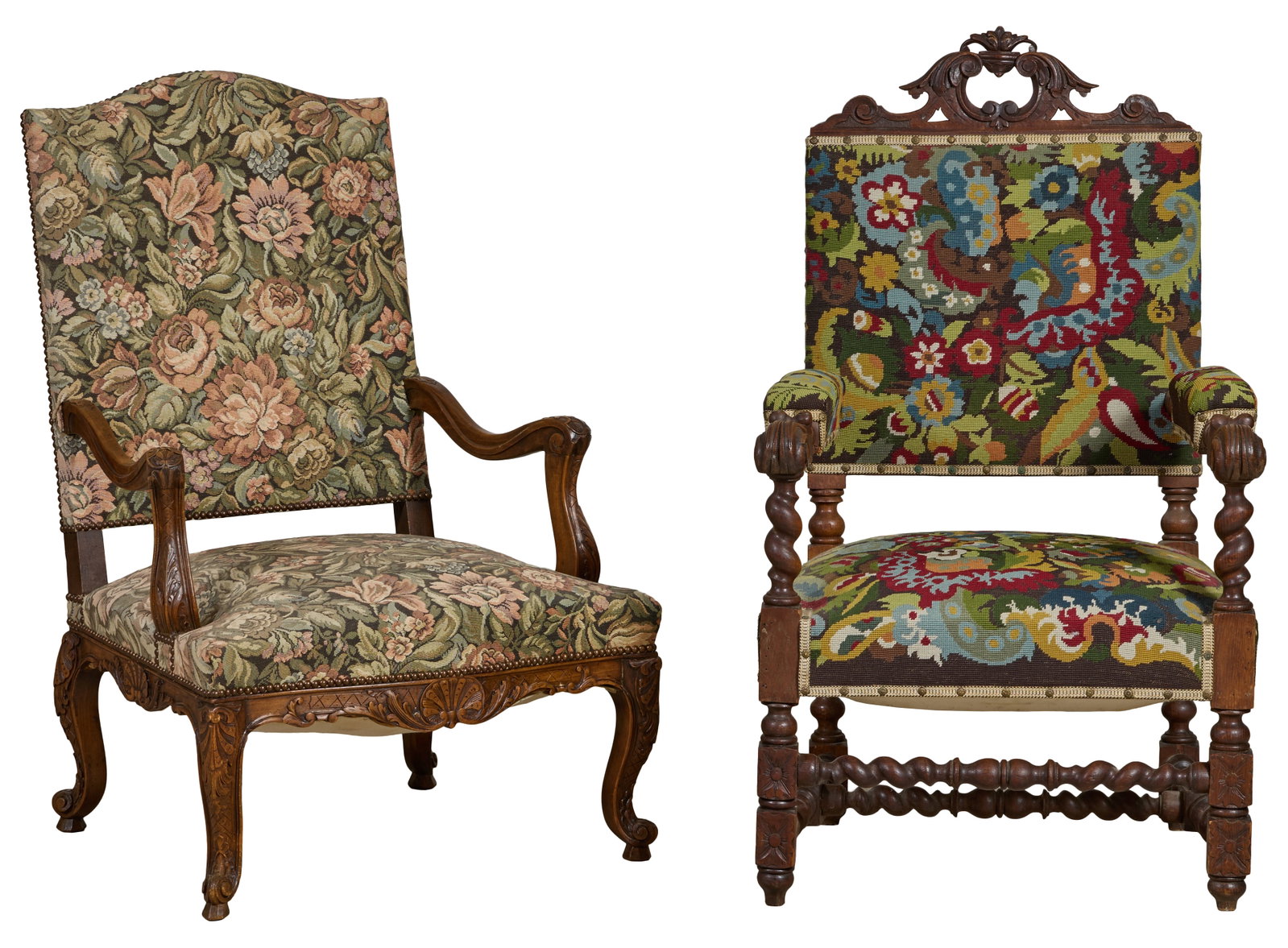Two French Carved Walnut Fauteuils, early 20th c., Crested- H.- 45 in., W.- 24 3/4 in., D.- 25 in.; (1 of 5)