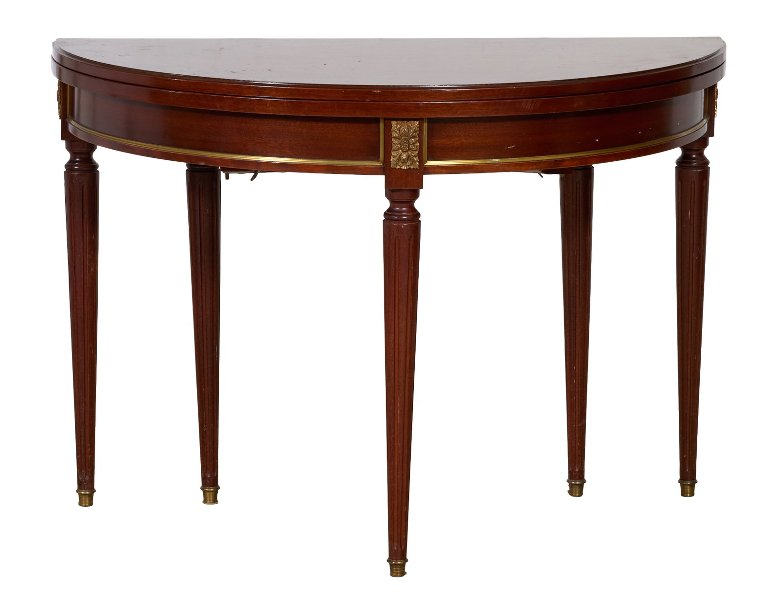 French Louis XVI Style Demilune Flip Top Table, late 20th c., Closed- H.- 30 1/2 in., W.- 43 1/2 (1 of 2)