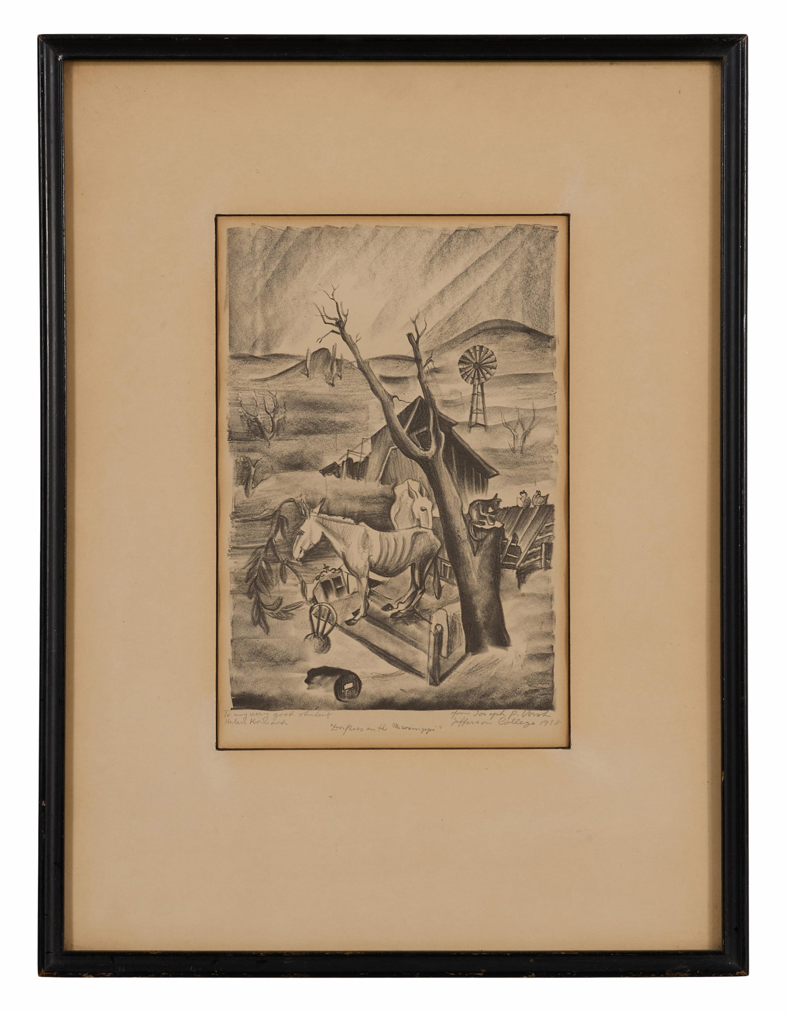 Joseph Vorst (American, 1897-1947), "Drifters on the Mississippi," Sight- H. 10 1/4 in., W.- 6 5/8: Joseph Vorst (American, 1897-1947), "Drifters on the Mississippi," lithograph on paper, signed, titled, and dedicated to a student in lower margin, presented in a black wood frame, Sight- H. 10 1/4 in