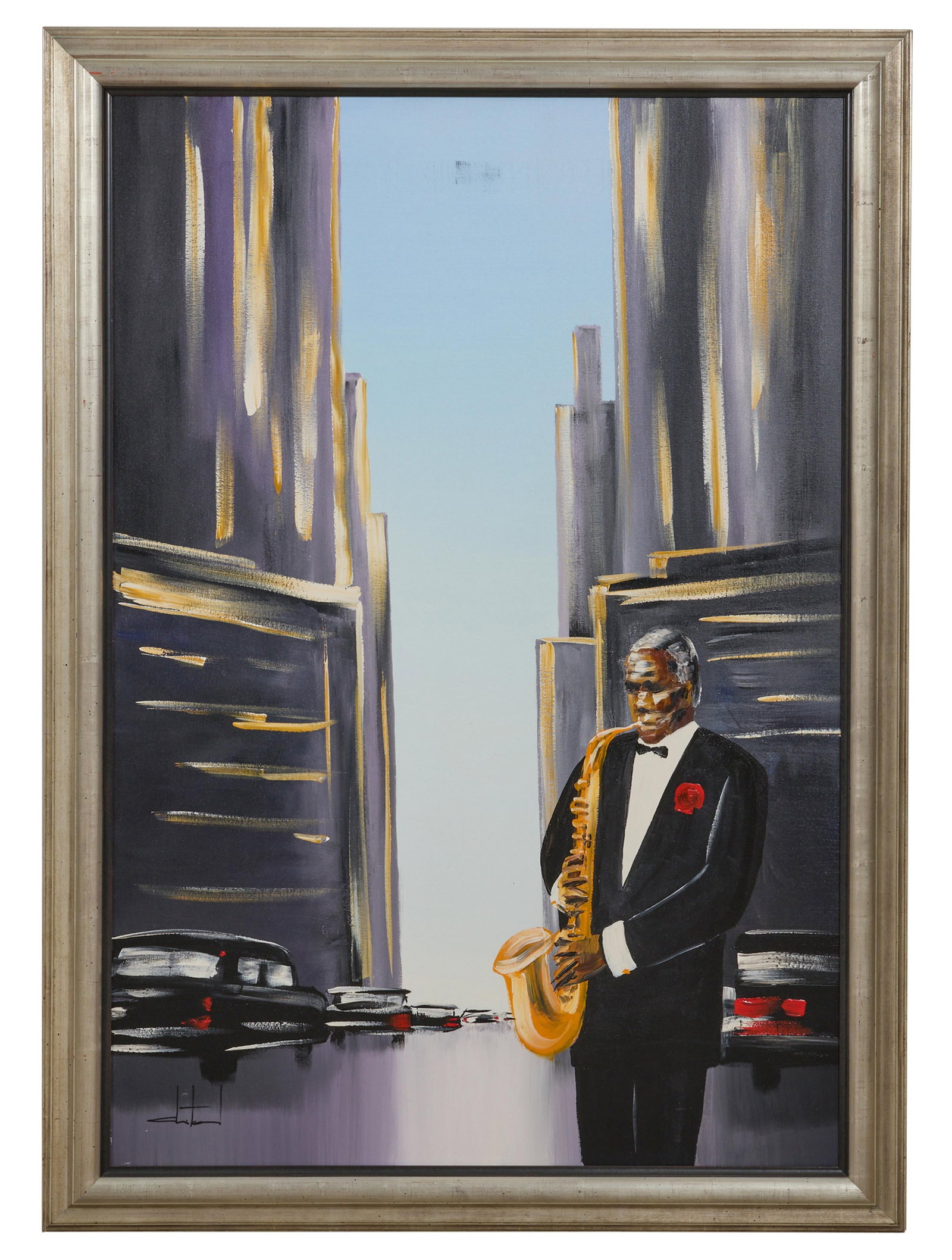 American School (20th/21st Century), "City Street Scene with Saxophone Player," H.- 51 1/2 in., W.-: American School (20th/21st Century), "City Street Scene with Saxophone Player," oil on canvas, indistinctly signed lower left, presented in a silvered wood frame, H.- 51 1/2 in., W.- 35 in., Framed- H