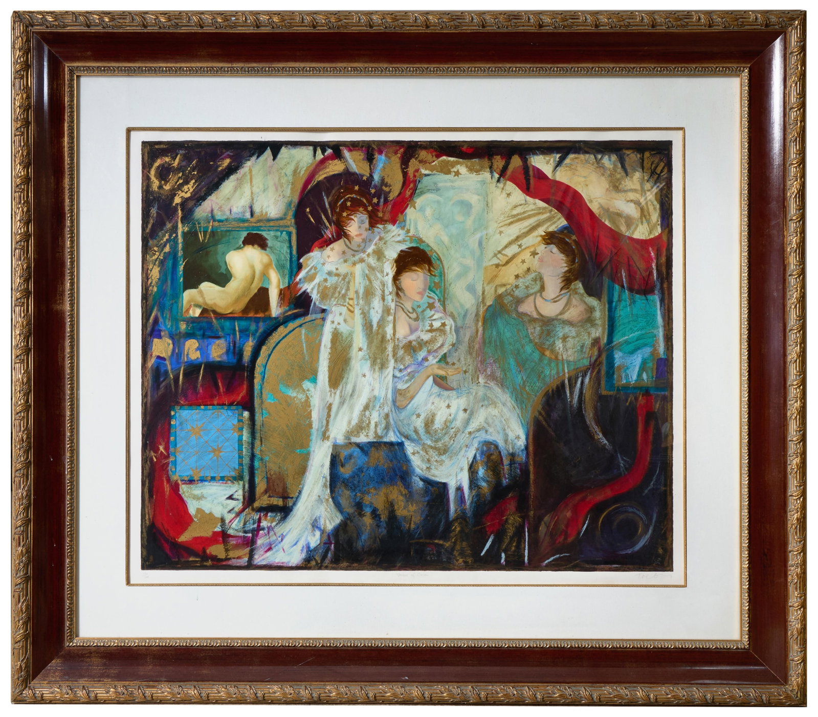 Janet Treby (British, b. 1955), "Visions of Orion," Sight- H.- 42 1/2 in., W.- 52 1/2 in., Framed-: Janet Treby (British, b. 1955), "Visions of Orion," mixed media serigraph on paper, signed, numbered "170/385" and titled lower margin, presented in a wood frame with a linen border and plexiglass, Si