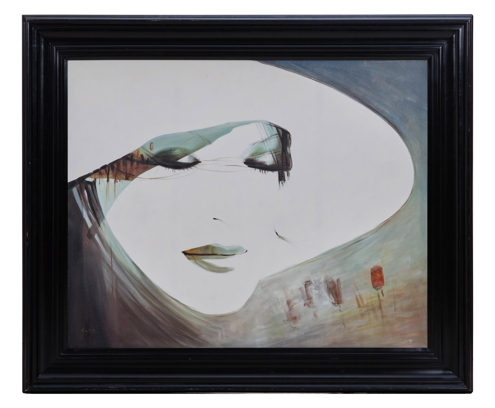 American School (20th Century), "Demure Woman in Hat," H.- 48 in., W.- 60 in., Framed- H.- 62 5/8: American School (20th Century), "Demure Woman in Hat," acrylic and mixed media on canvas, signed "Yolez" lower left, presented in a black frame, H.- 48 in., W.- 60 in., Framed- H.- 62 5/8 in., W.- 74 