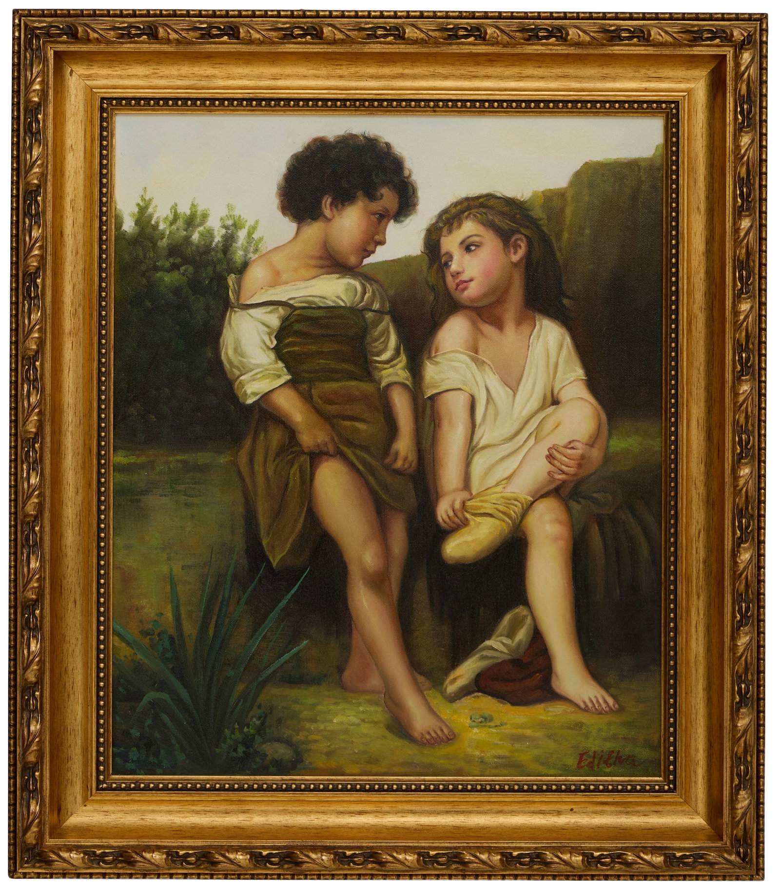 After William Adolphe Bouguereau (French, 1825-1905), "At the Edge of the Brook (1879)," H.- 24 in.,: After William Adolphe Bouguereau (French, 1825-1905), "At the Edge of the Brook (1879)," oil on canvas, signed "Edithe" lower right, presented in a giltwood frame, H.- 24 in., W.- 19 1/2 in., Framed- 