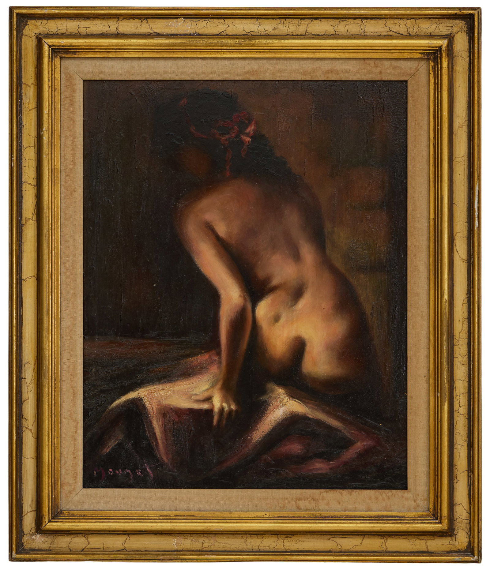 French/American School (20th Century), "Female Seated Nude, View from Behind," H.-20 in., W.- 16: French/American School (20th Century), "Female Seated Nude, View from Behind," oil on masonite, signed "Mouret/Mouget?" lower left, presented in a giltwood frame, H.-20 in., W.- 16 in., Framed- H.- 26