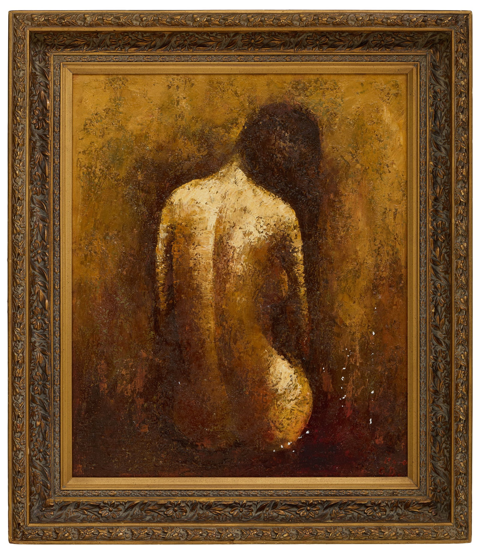 Continental School (20th Century), "Female Nude Seated from Behind," H.- 24 in., W.- 20 in., Framed-: Continental School (20th Century), "Female Nude Seated from Behind," oil on canvas, monogrammed "O.D." and localized "Munchen [Munich]?" lower right, verso inscribed "Otto Dix Studio" with European ex