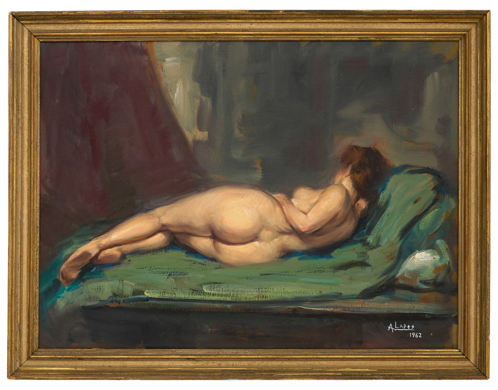 German/American School (20th Century), "Reclining Female Nude from Behind," 1962, H.- 22 1/8 in.,: German/American School (20th Century), "Reclining Female Nude from Behind," 1962, oil on canvas, signed "A Lapes" and dated lower right, presented in a giltwood frame, H.- 22 1/8 in., W.- 30 in., Fram