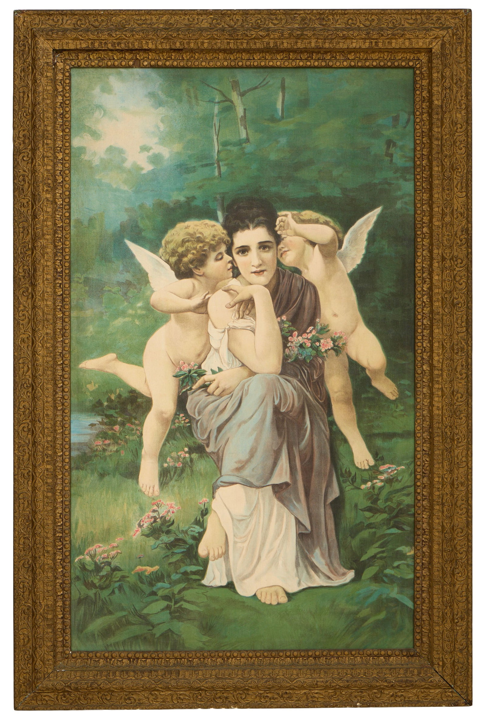 After William Adolphe Bouguereau (French, 1825-1905), "Heart's Awakening (1892)," H.- 44 in., W.- 26: After William Adolphe Bouguereau (French, 1825-1905), "Heart's Awakening (1892)," oil and oil wash on canvas, unsigned, presented in a giltwood frame, H.- 44 in., W.- 26 1/4 in., Framed- H.- 52 in., W