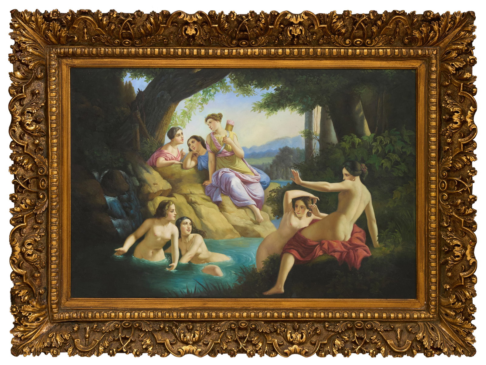 After Paul-Emile Jacobs (German, 1802-1866), "Diana and Her Nymphs Bathing," H.- 24 in., W.- 36 in.,: After Paul-Emile Jacobs (German, 1802-1866), "Diana and Her Nymphs Bathing," oil on canvas, unsigned, presented in a giltwood frame, H.- 24 in., W.- 36 in., Framed- H.- 34 1/4 in., W.- 46 1/4 in. Prov