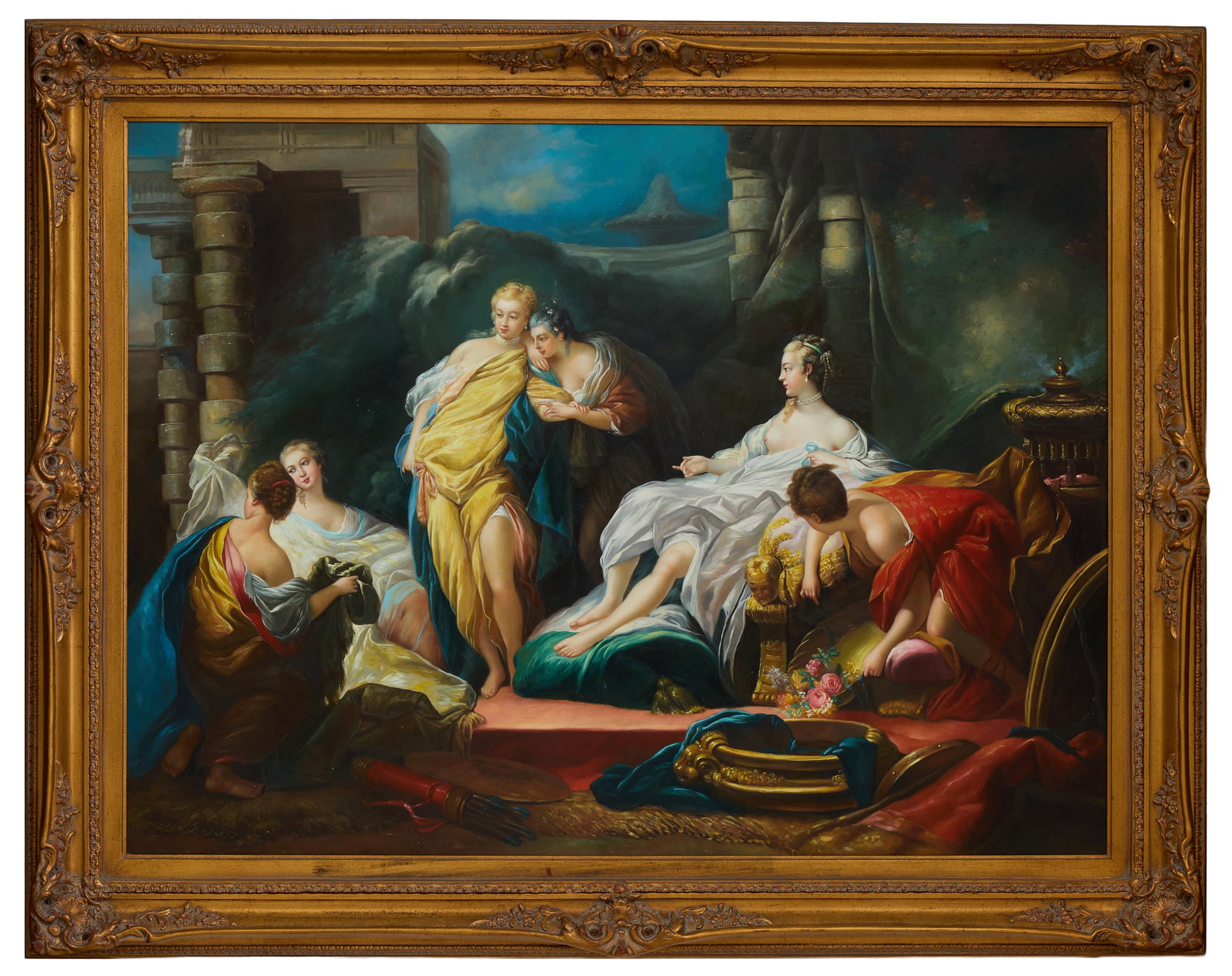 After Jean Honore Fragonard (French, 1732-1806), "Psyche Showing Her Sisters Gifts from Cupid: After Jean Honore Fragonard (French, 1732-1806), "Psyche Showing Her Sisters Gifts from Cupid (1753)," oil on canvas, signed "Thompson" lower right, presented in a giltwood frame, H.- 48 in., W.- 36 i