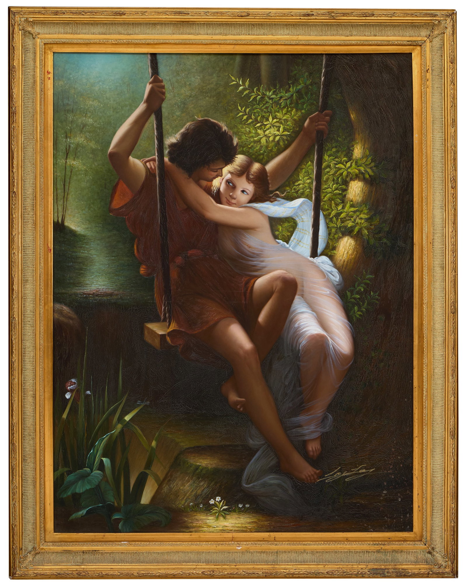 After Pierre Auguste Cot (French, 1837-1883), "Le Printemps (1873)," H.- 48 in., W.- 36 in., Framed-: After Pierre Auguste Cot (French, 1837-1883), "Le Printemps (1873)," oil on canvas, indistinctly signed lower right, presented in a giltwood frame, H.- 48 in., W.- 36 in., Framed- H.- 56 3/8 in., W.- 