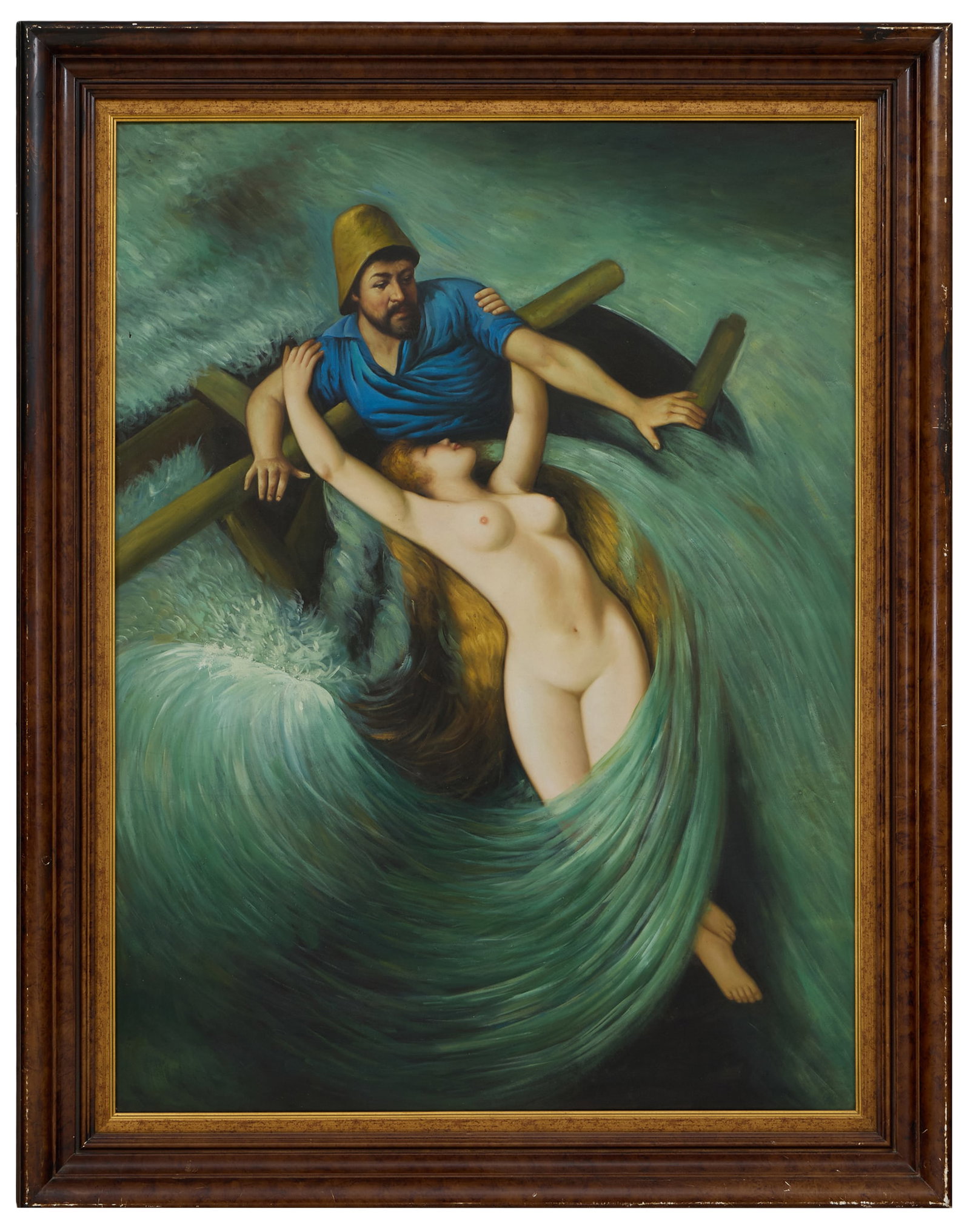 After Sir Frederick Leighton, P.R.A. (British, 1830-1896), "The Fisherman and the Syren: After Sir Frederick Leighton, P.R.A. (British, 1830-1896), "The Fisherman and the Syren (1856-1858)," oil on canvas, unsigned, presented in a wood frame, H.- 48 in., W.- 36 in., Framed- H.- 57 in, W.-