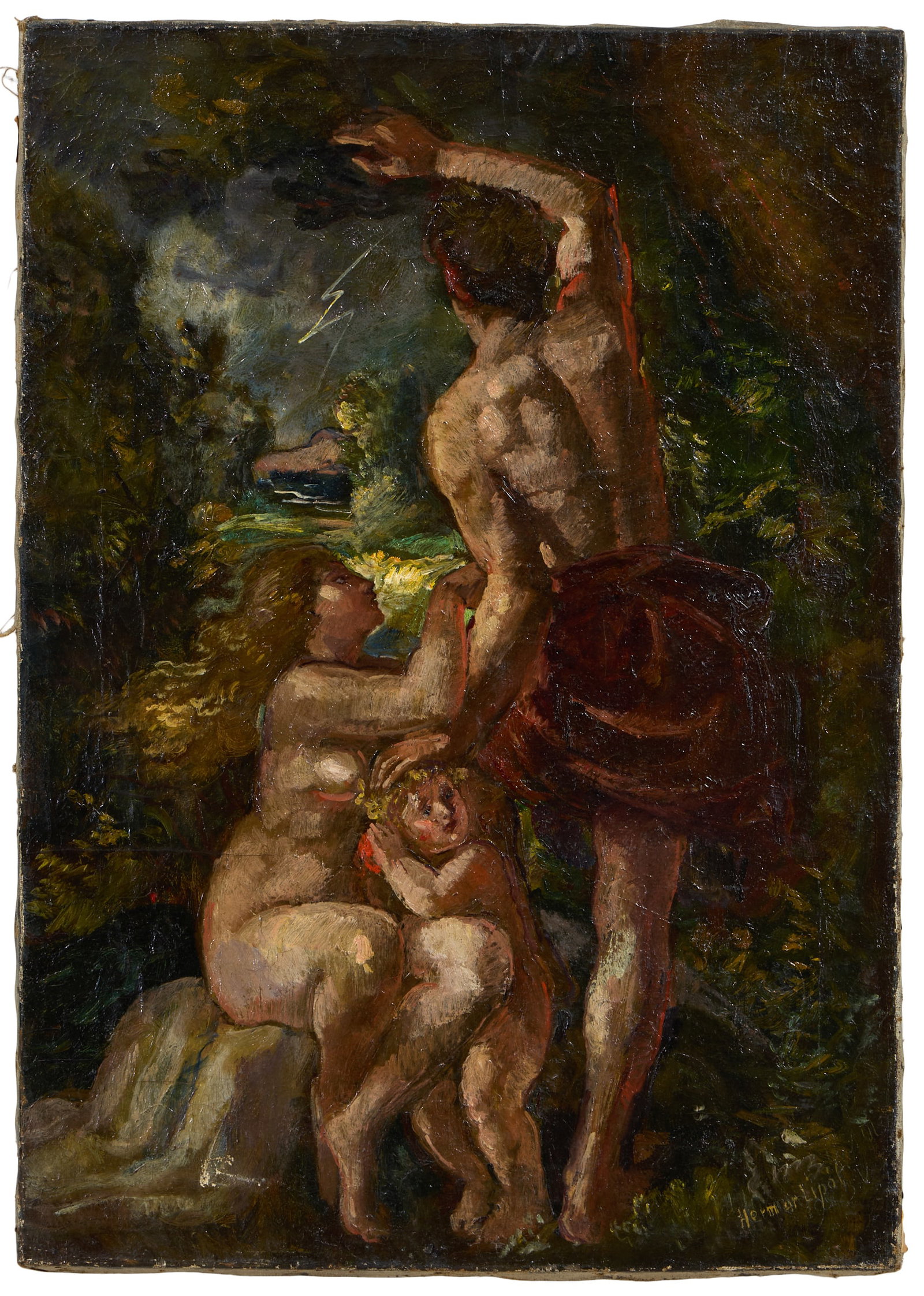 Herman Lipot (Hungarian, 1884-1972), "Expulsion from the Garden of Eden," H.- 27 1/2 in., W.- 19 1/2: Herman Lipot (Hungarian, 1884-1972), "Expulsion from the Garden of Eden," oil on canvas, signed lower right, indistinctly inscribed en verso, unframed, H.- 27 1/2 in., W.- 19 1/2 in. Provenance: The E