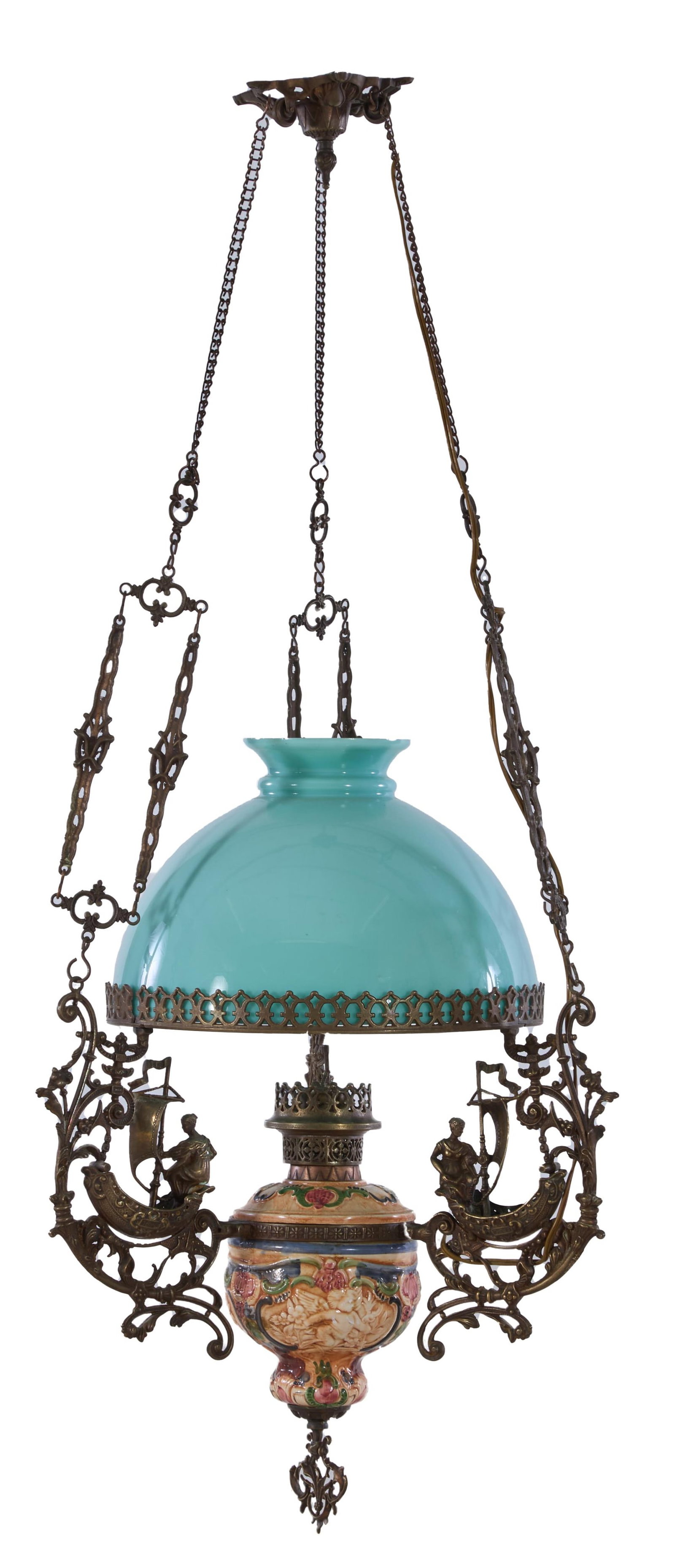 French Belle Epoque Brass, Ceramic and Opaline Glass Oil Lantern Chandelier, late 19th c., H.- 44 (1 of 3)