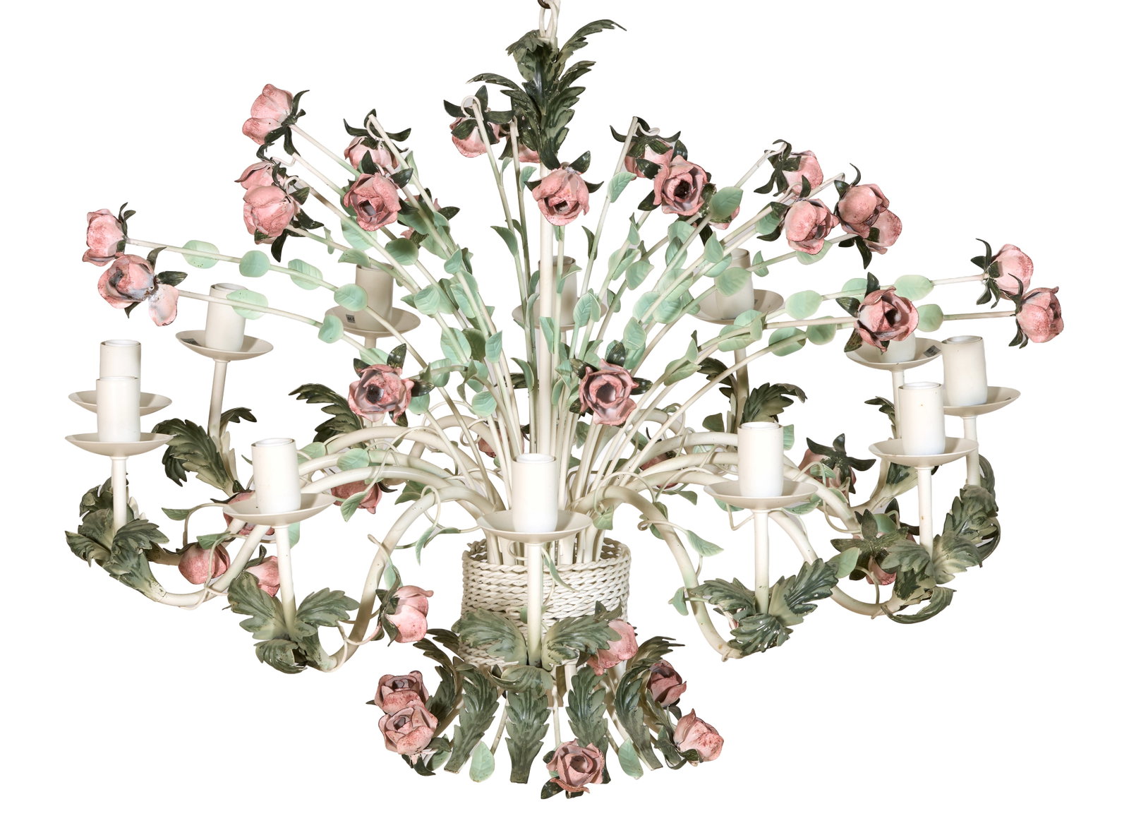 French Art Nouveau Inspired Polychromed Metal Chandelier, mid 20th c., H.- 23 in., Dia.- 30 in.: French Art Nouveau Inspired Polychromed Metal Chandelier, mid 20th c., the twelve-light fixture in the form of a gathered bouquet of blush roses, lower corona of roses and leaves, European wiring, H.-