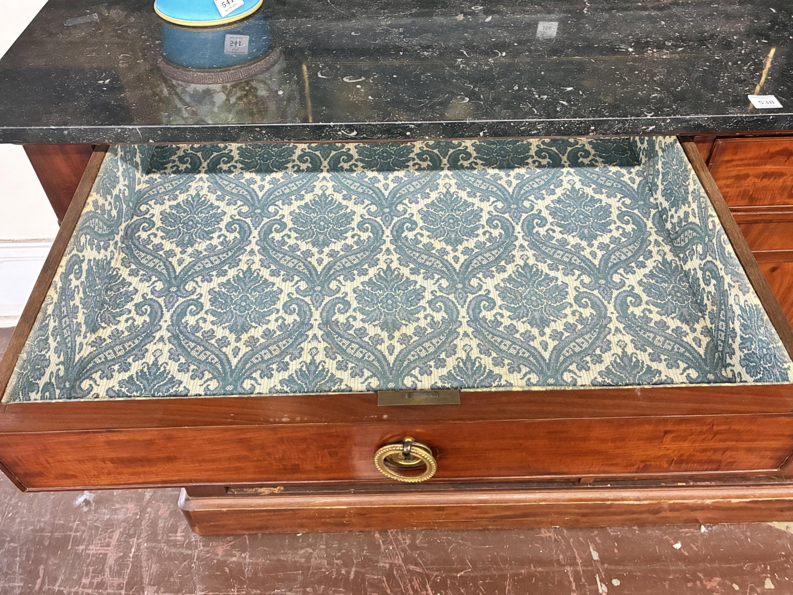 French Louis XVI Style Marble Top Walnut Sideboard, mid 19th c., H.- 38 1/2 in., W.- 64 3/4 in., D.- - 17